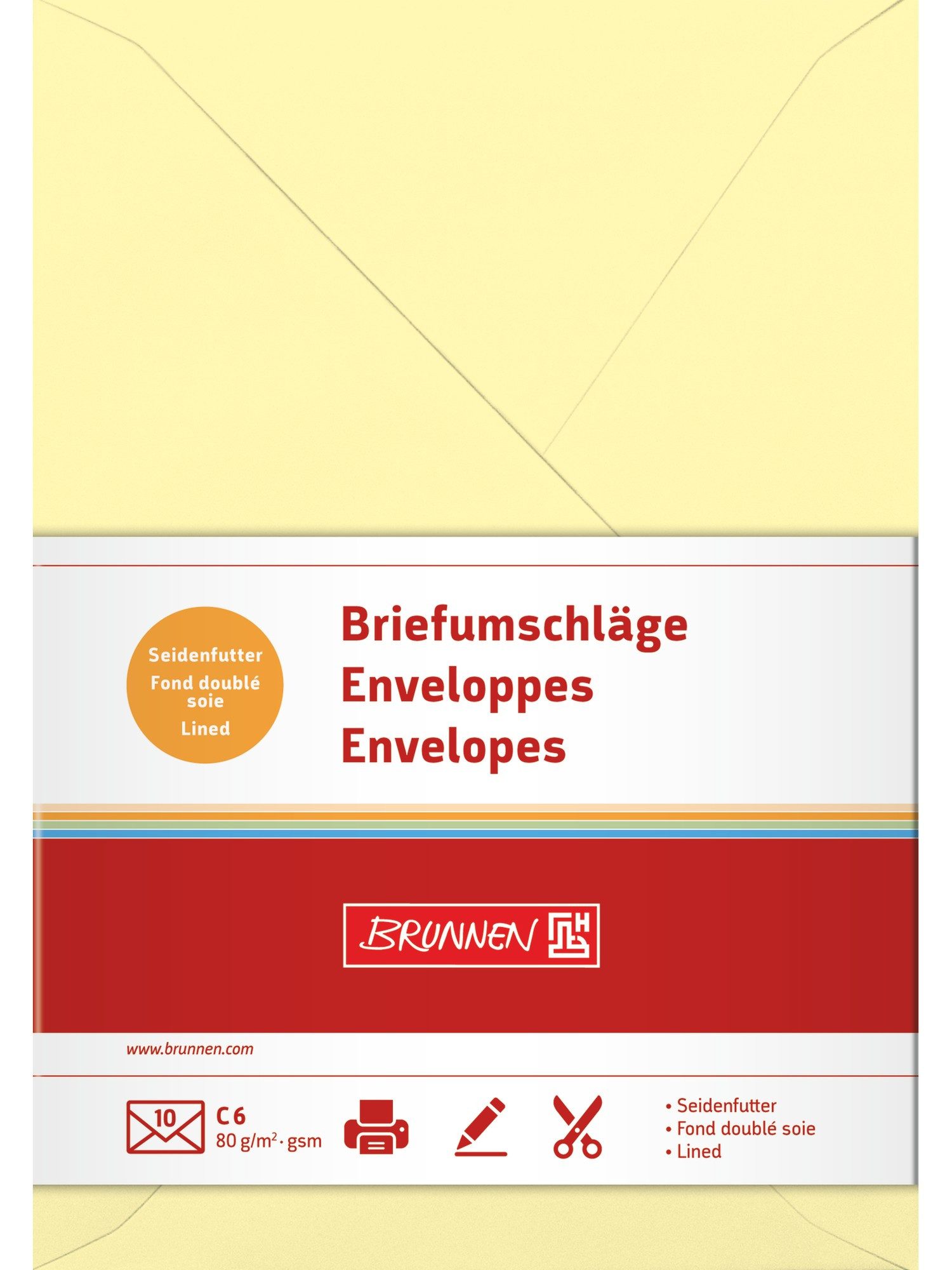 Baier & Schneider Briefumschlag Briefumschläge C6 Hellgelb mit Seidenfutter 10 Stück, mit Seidenfutter