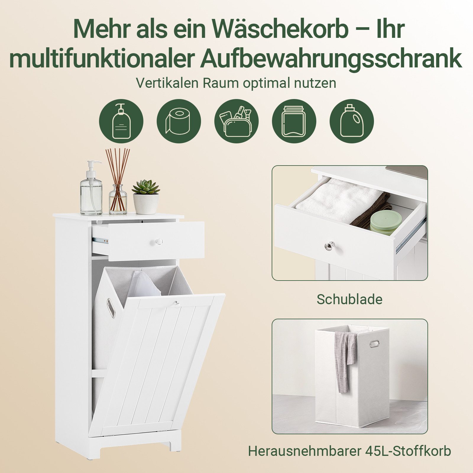SoBuy Wäscheschrank BZR21, Badschrank mit Wäschekorb, Badkommode, Bad Waschküche Wohnung mit ausklappbarem Wäschetruhe Wäschesammler mit Schubladen Wäschekorb