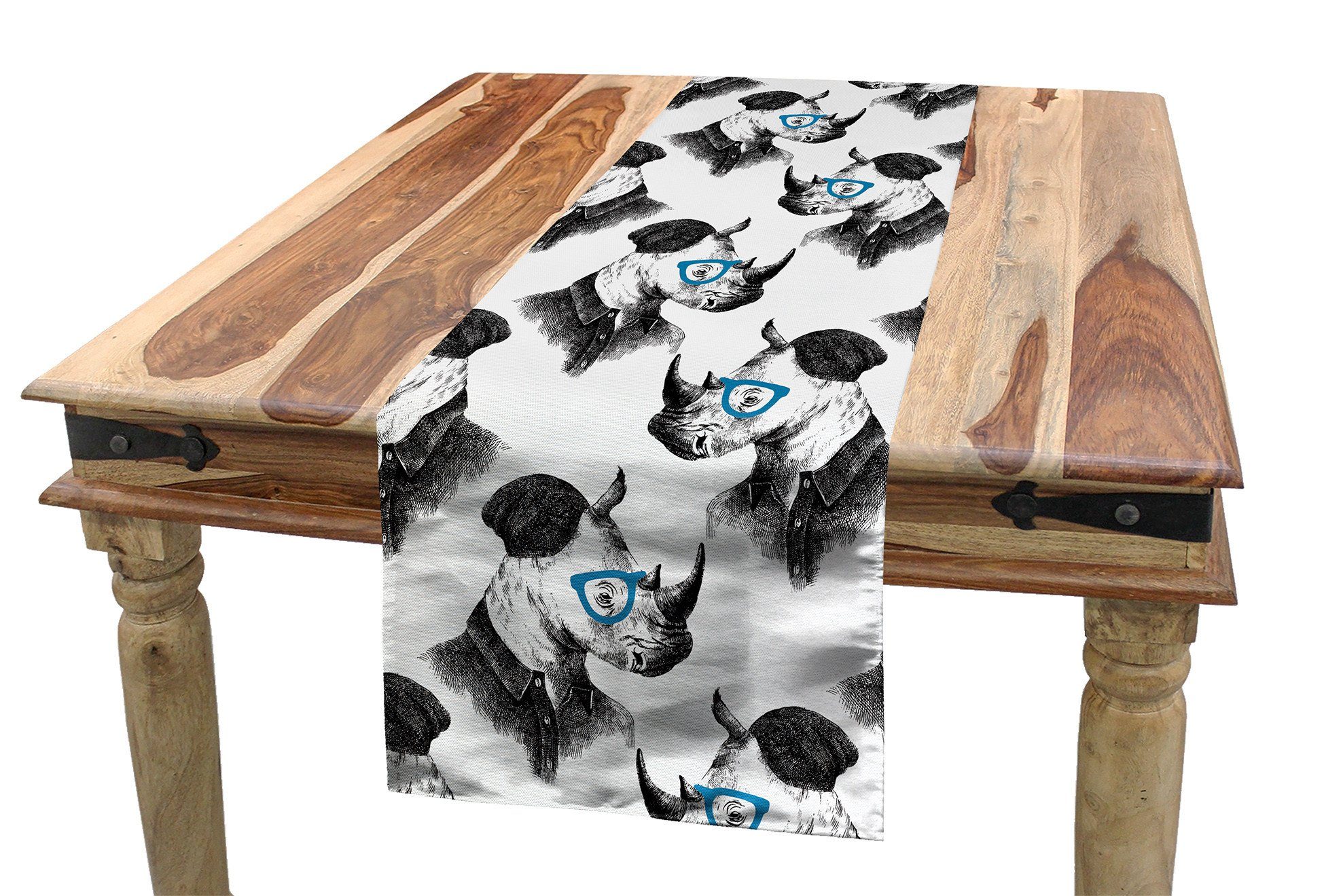 Abakuhaus Tischläufer Esszimmer Küche Rechteckiger Dekorativer Tischläufer, Nashorn Hand gezeichnet Hipster Tier