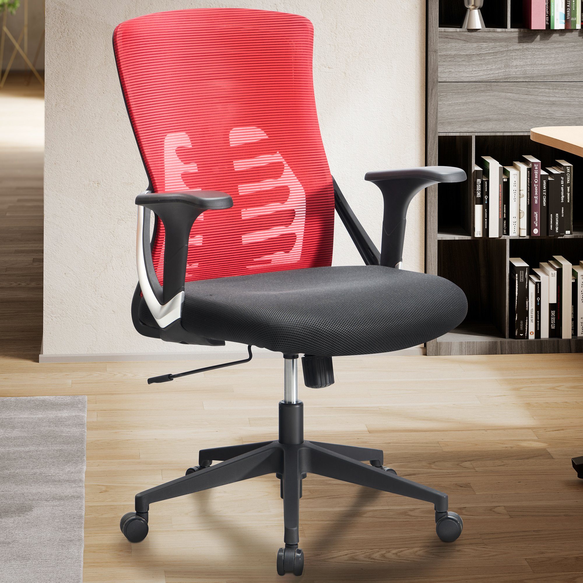 FINEBUY Drehstuhl FB58807 (Bürostuhl kg), Rot Rot Armlehnen Rot 120 / Schwarz Schreibtischstuhl mit Ergonomisch Stoff, Mesh-Bezug 