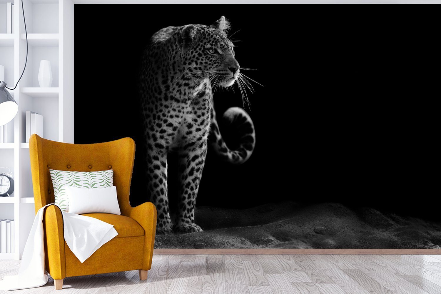 Fototapete Schlafzimmer, Matt, bedruckt, Wohnzimmer, - Weiß, für - St), Schwarz Vinyl Tapete Kinderzimmer, MuchoWow (6 Leopard Wallpaper