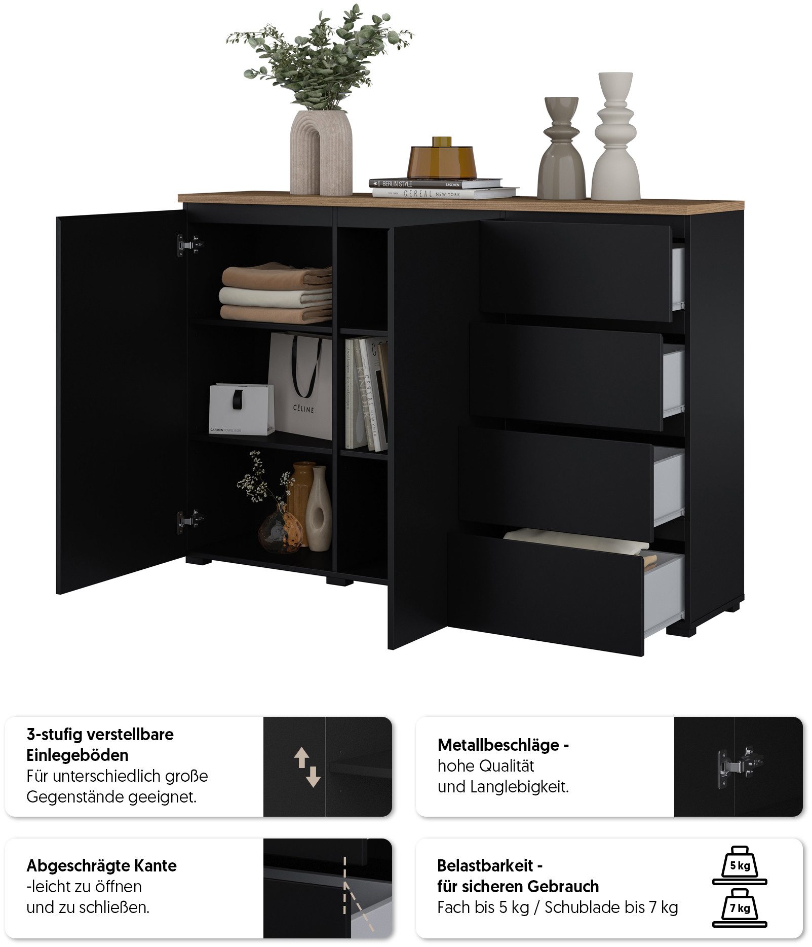 OTTO home Highboard Modo, Breite 150 cm, moderne grifflose Kommode 2Türen/4 SK, Schubladenkommode mit viel Stauraum, Einlegeböden verstellbar