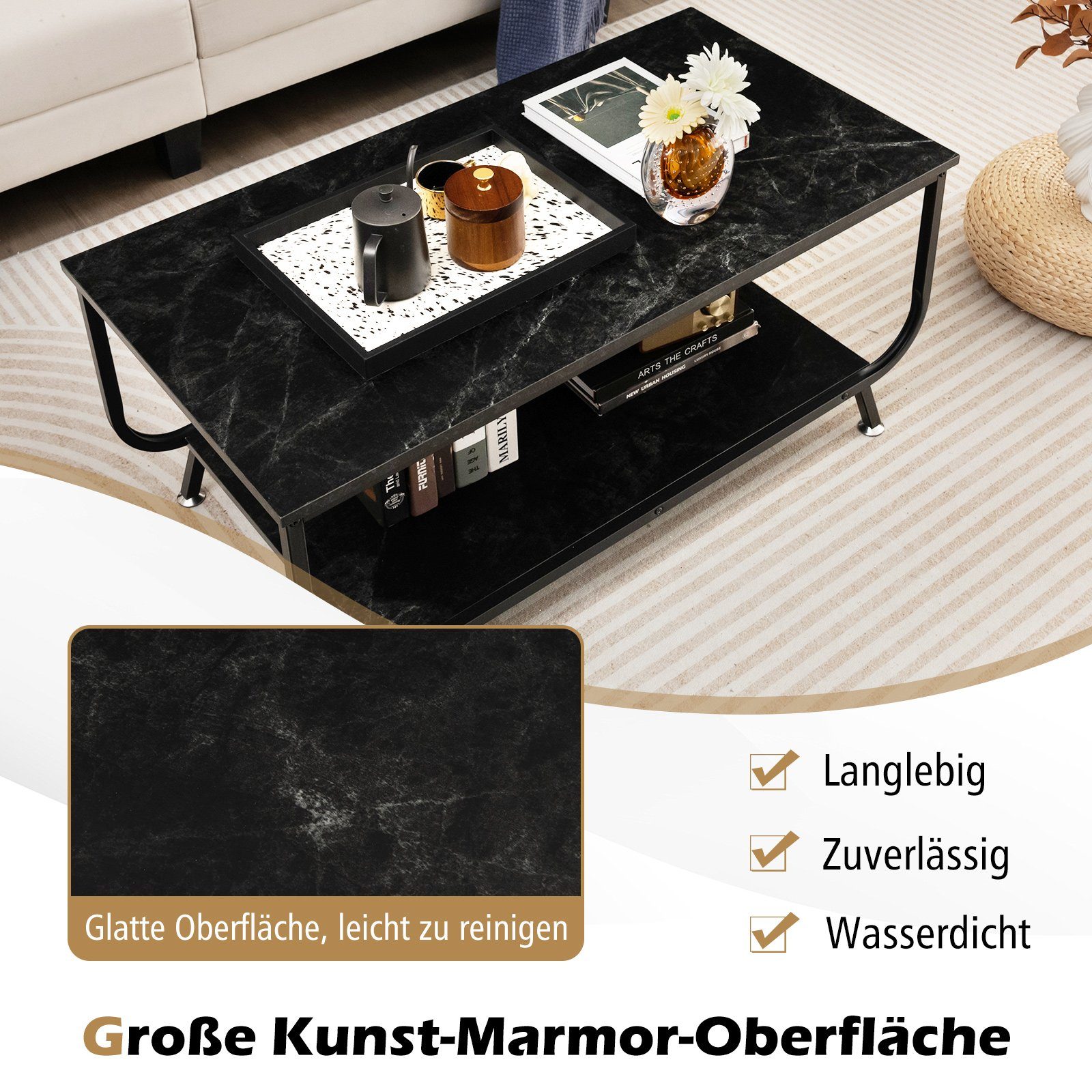 Couchtisch, rechteckig, schwarz Stauraum, schwarz schwarz Marmor, COSTWAY 105x55x46,5cm, mit |