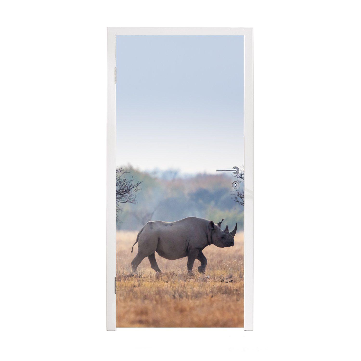 MuchoWow Türtapete Nashorn - Bäume - Gras, Matt, bedruckt, (1 St), Fototapete für Tür, Türaufkleber, 75x205 cm