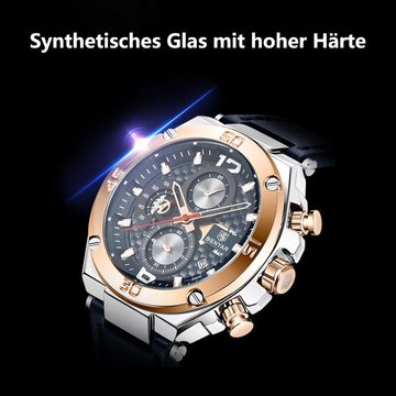 GelldG Uhr Herrenuhr Quarzwerk Chronograph Lederarmband und wasserdichte Casual