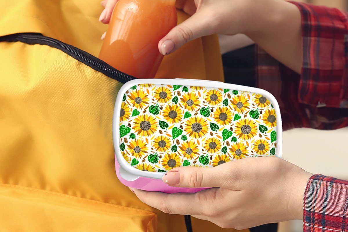 MuchoWow Lunchbox Sonnenblume für Blätter Brotbox Muster, Kinder, (2-tlg), - Mädchen, Kunststoff, - rosa Erwachsene, Kunststoff Brotdose Snackbox