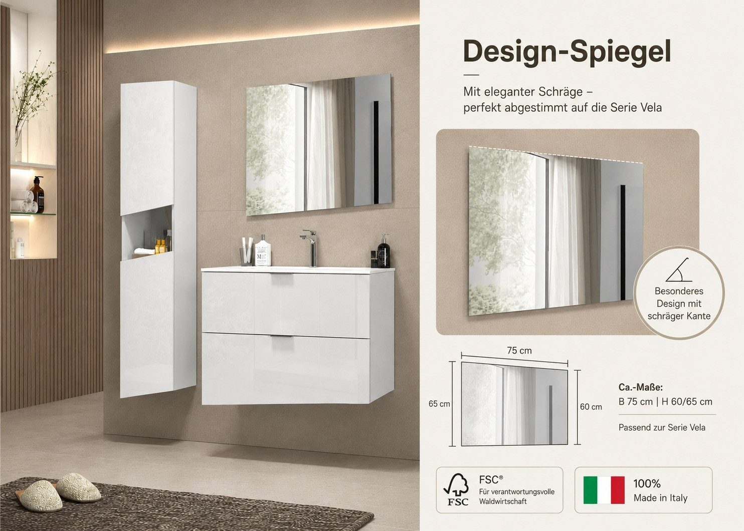 welltime Badspiegel Vela, Spiegel in zwei Breiten 55 und 75 cm (1-St), Breite 55 cm-Passend zur Serie Vela