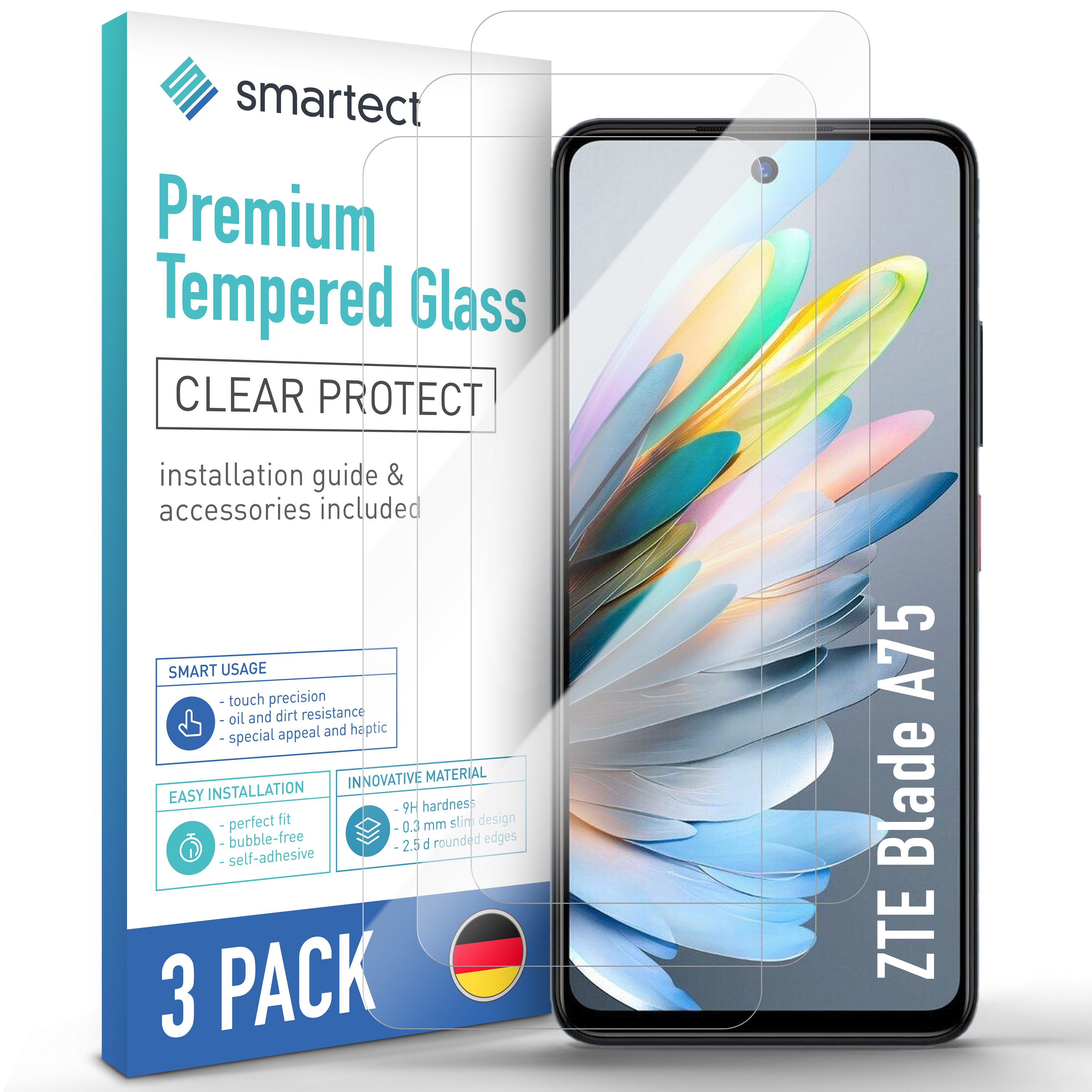 smartect Displayschutzglas 3X Schutzglas Panzerfolie Klar für ZTE Blade A75 für ZTE Blade A75, Set, 3 Stück, 0.3 mm Ultra-klar, 9H Härte, Kratzfest, Stoßfest, Blasenfrei, Oleophob