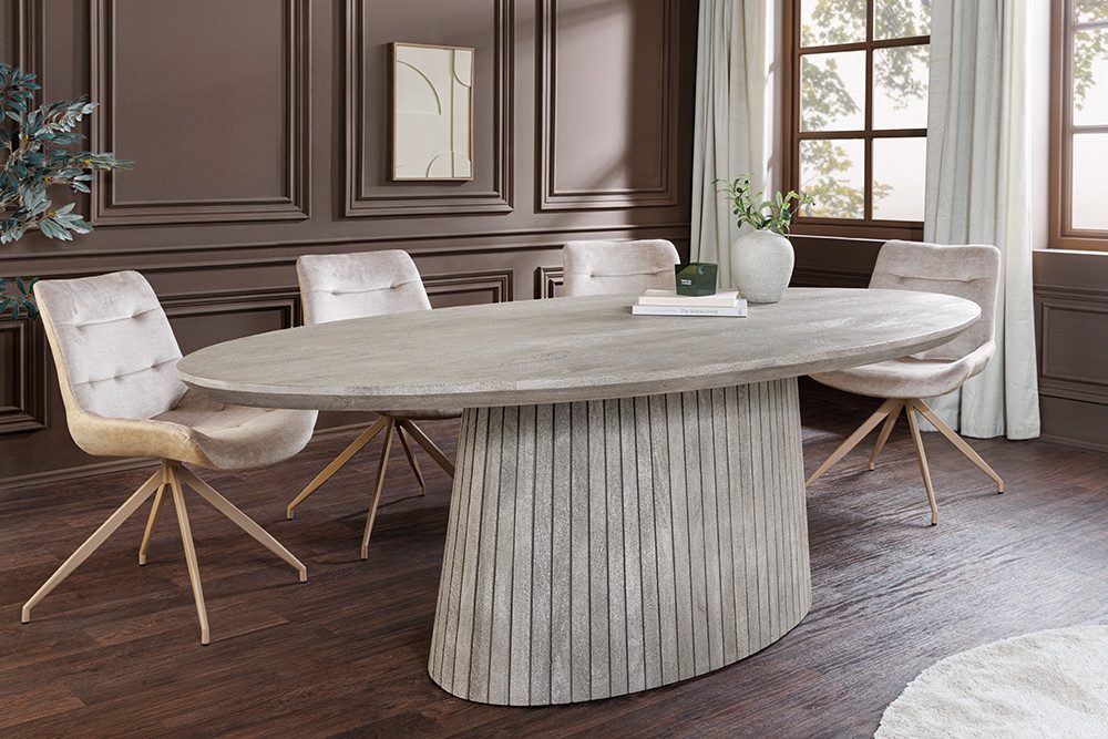 riess-ambiente Esstisch ART DECO 220cm smoke grau - Mangoholz, Säulengestell, Rillenstruktur (Einzelartikel, 1-St), Massivholz Konferenztisch für 8 Personen - ideal für Wohn- & Esszimmer