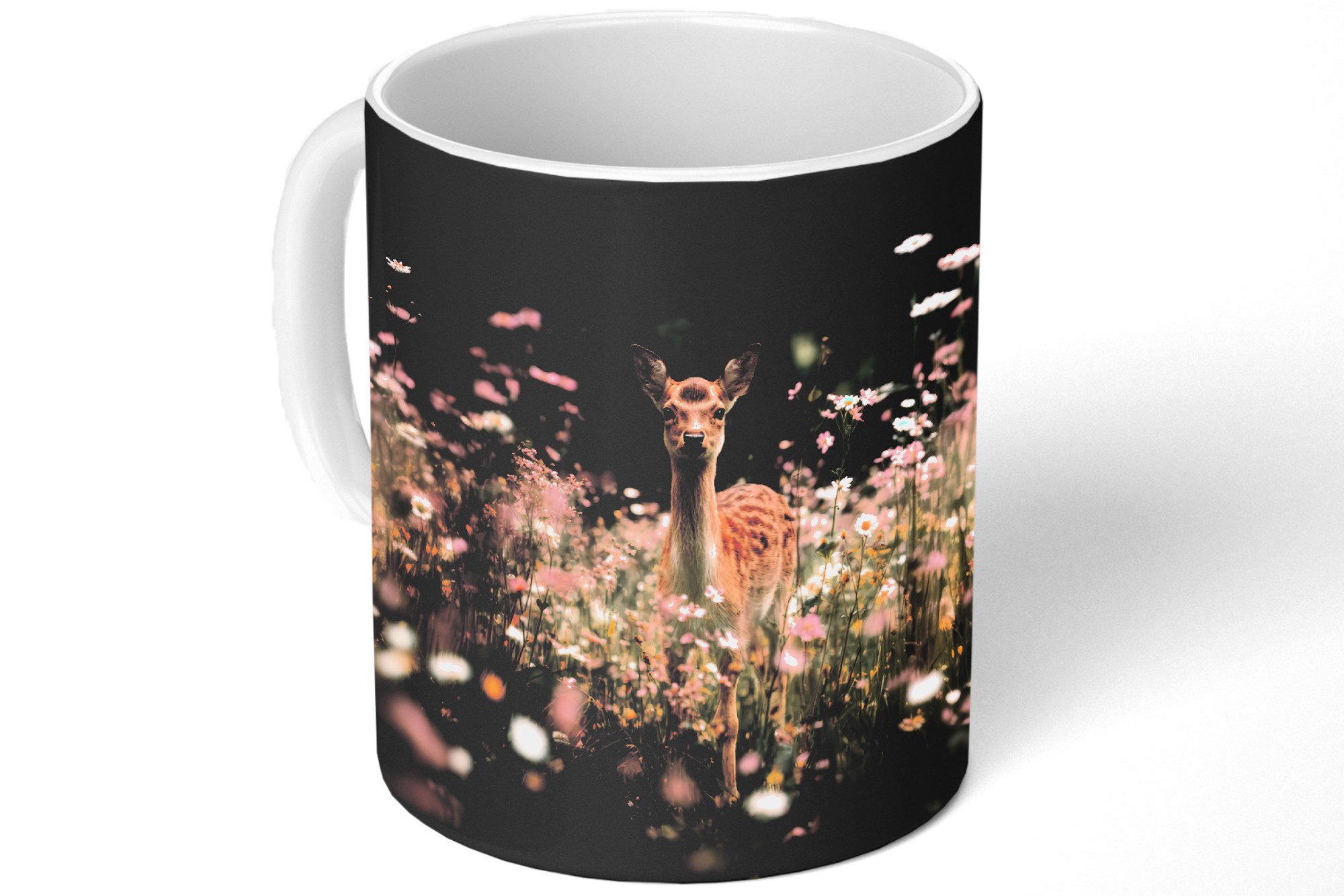 MuchoWow Tasse Hirsche - Wildblumen - Wald, 1-tlg., Keramik, Kaffeetassen, Teetasse, Becher, Kaffeebecher, Geschenk