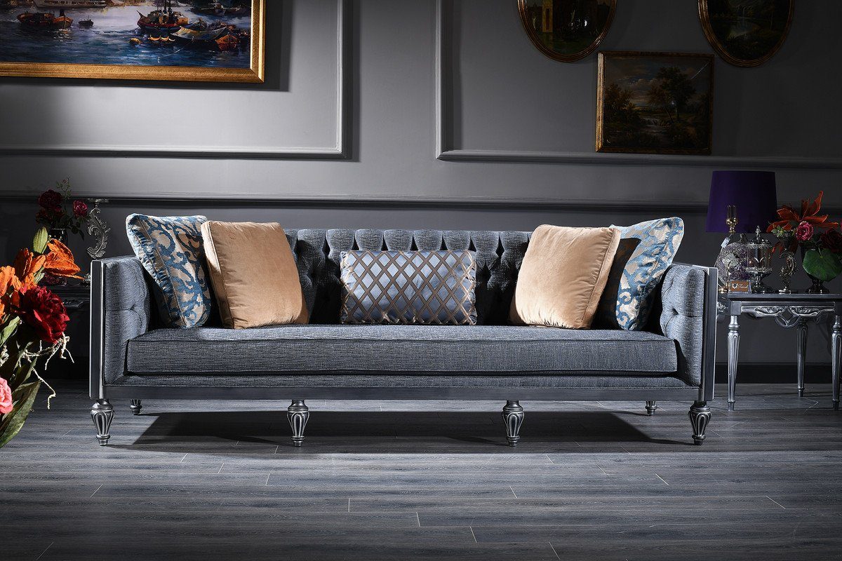 Casa Padrino Chesterfield-Sofa Luxus Barock Chesterfield Sofa Blau / Silber 250 x 92 x H. 85 cm - Wohnzimmermöbel im Barockstil