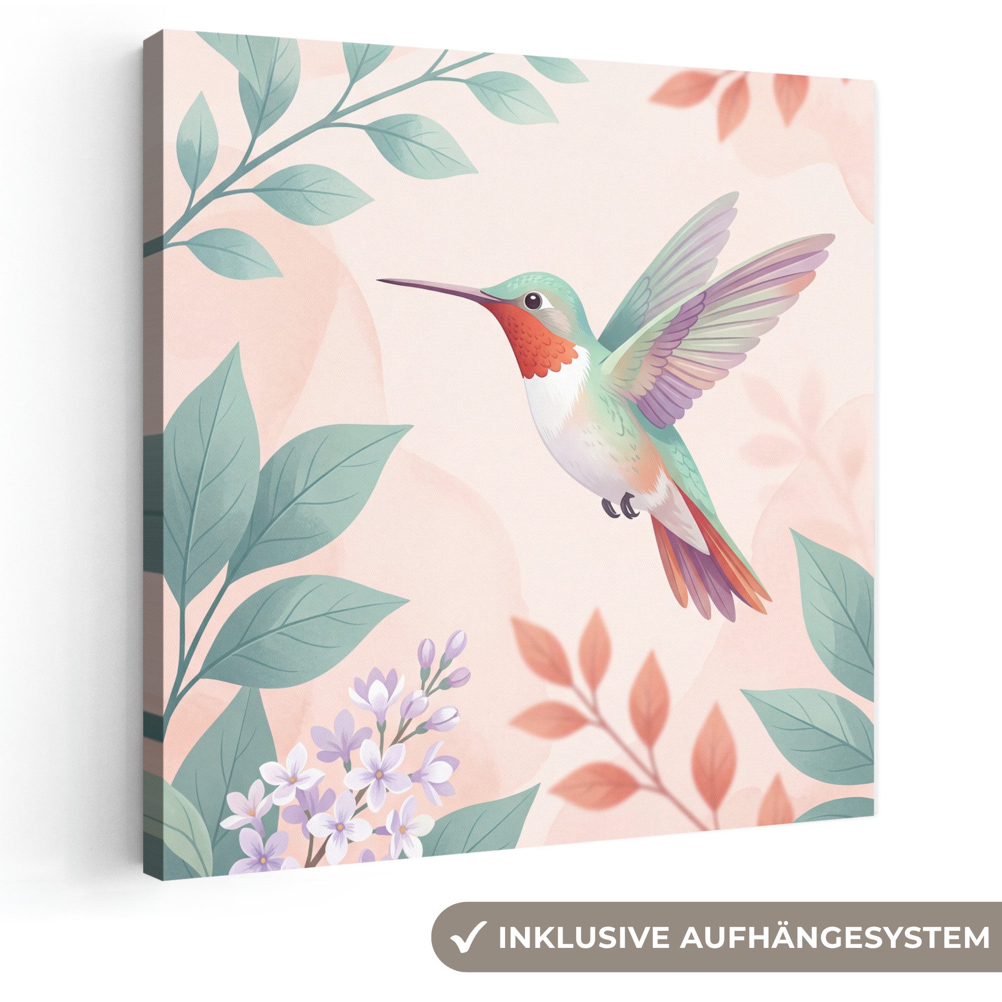 OneMillionCanvasses® Leinwandbild Kolibri - Fliegen - Natur - Illustration - Farbenfroh, Fotodruck (1 St), Wandbild, Deko Schlafzimmer Wohnzimmer Flur 20x20 cm
