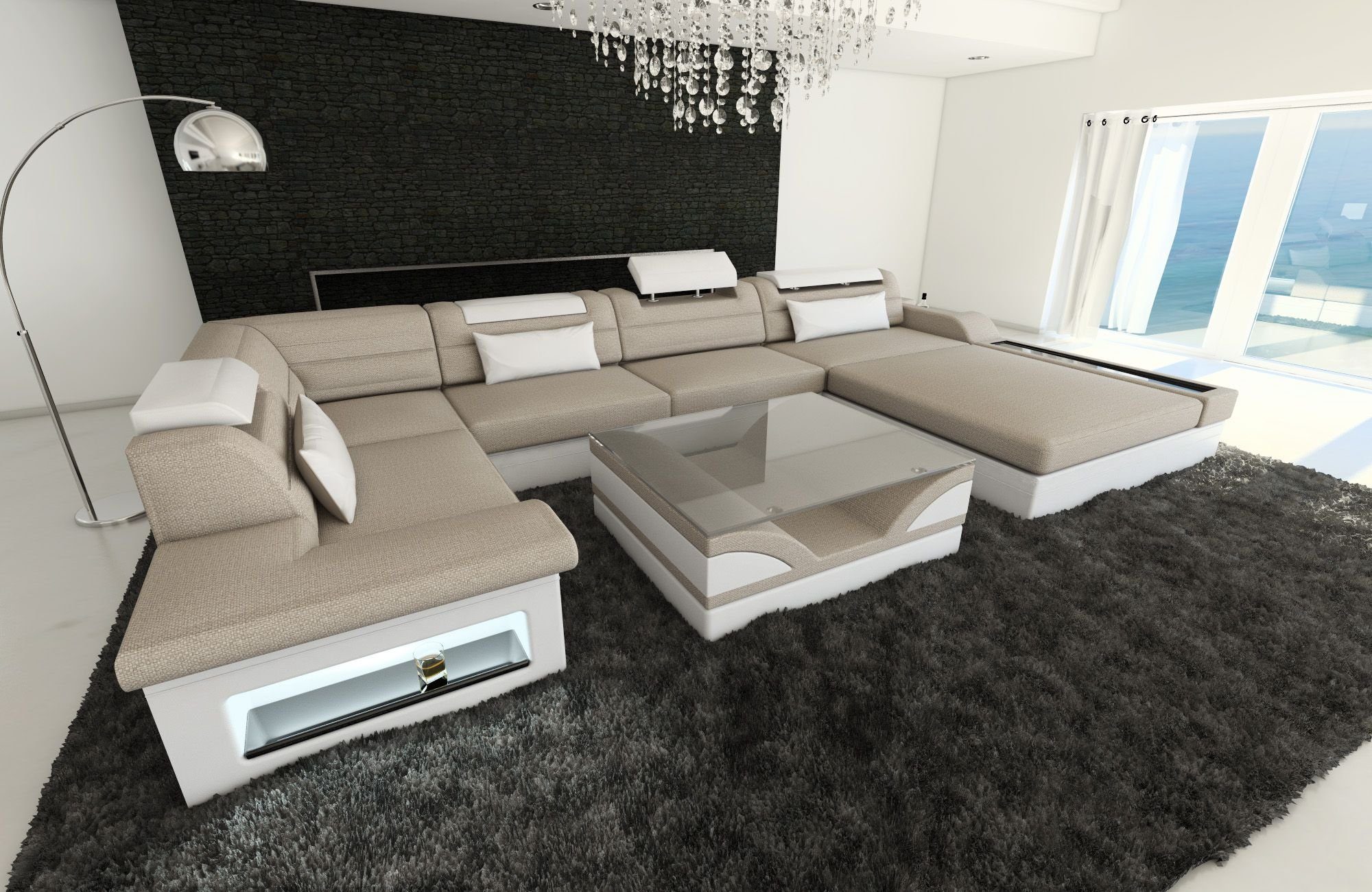 Sofa Dreams Wohnlandschaft Polster mit LED, als U Couch Form Sofa wahlweise Mezzo Bettfunktion Stoff Stoffsofa, Designersofa Schlafsofa, Warmgrau-Weiss H4 mit