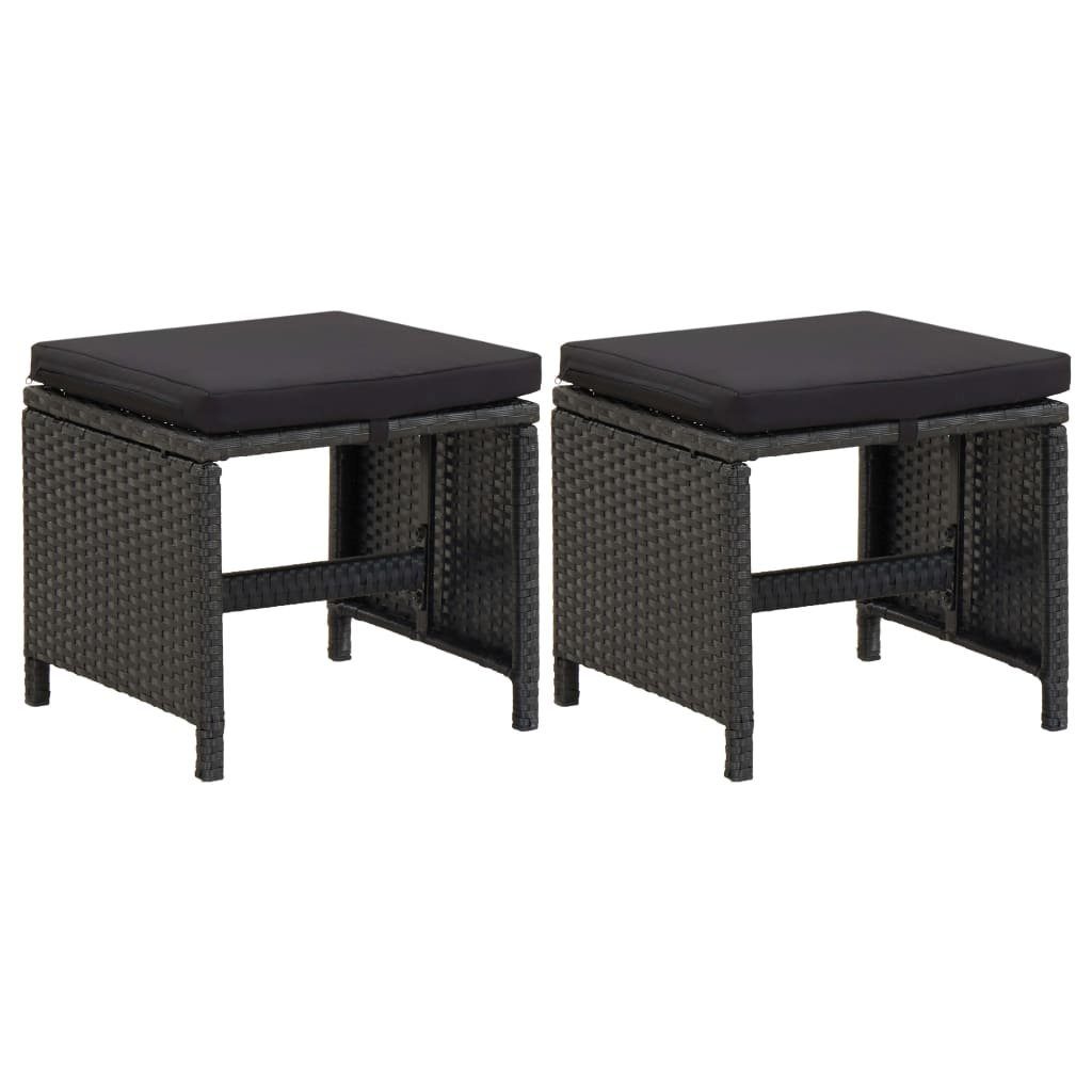 vidaXL Gartenstuhl Gartenhocker mit Kissen 2 Stk. Poly Rattan Schwarz (2 St)