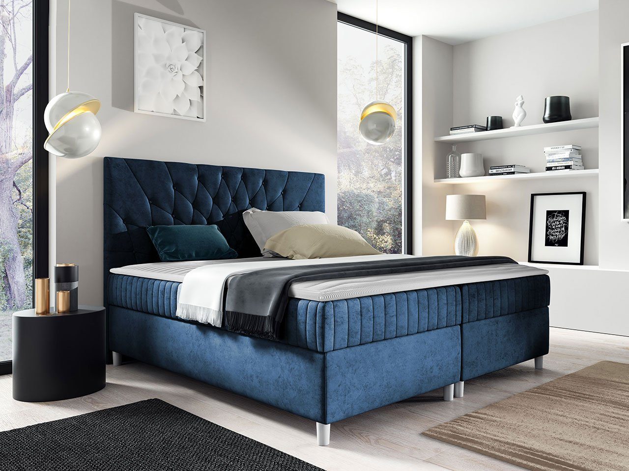 MIRJAN24 Boxspringbett Prowansja (mit Hauptmatratze, Topper), Doppelbett mit zwei Bettkästen für die Bettwäsche, Kopfteil