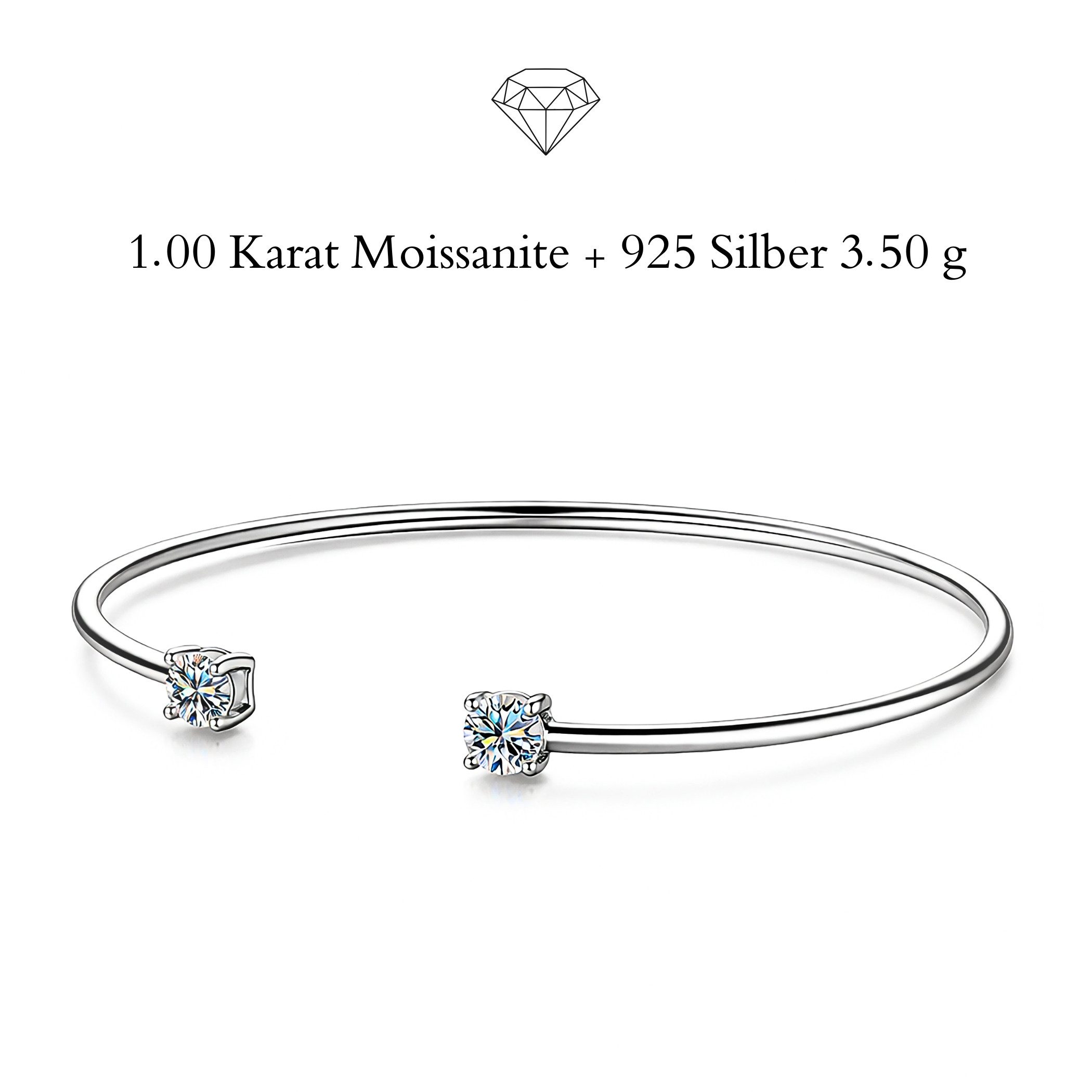 UNIQAL.de Armreif 925 Silber 1,00 Karat mit Diamant Moissanit - LUMINA (Offener Armreif mit 2 Moissanit Solitär Steinen (5 mm) in Diamantoptik, 925 Sterling Silber Weißgold plattiert, inkl. Luxuriöse Schmuck Geschenkbox), Moissanit VVS1 Reinheit, GRA-Zertifikat, Armkette Geschenk für Damen