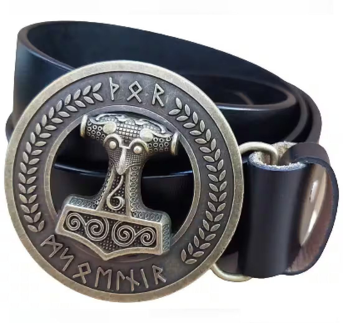 Ware aus aller Welt Ledergürtel Wechselgürtel Gürtel in schwarz mit Thorshammer Mjölnir Gürtelschnalle