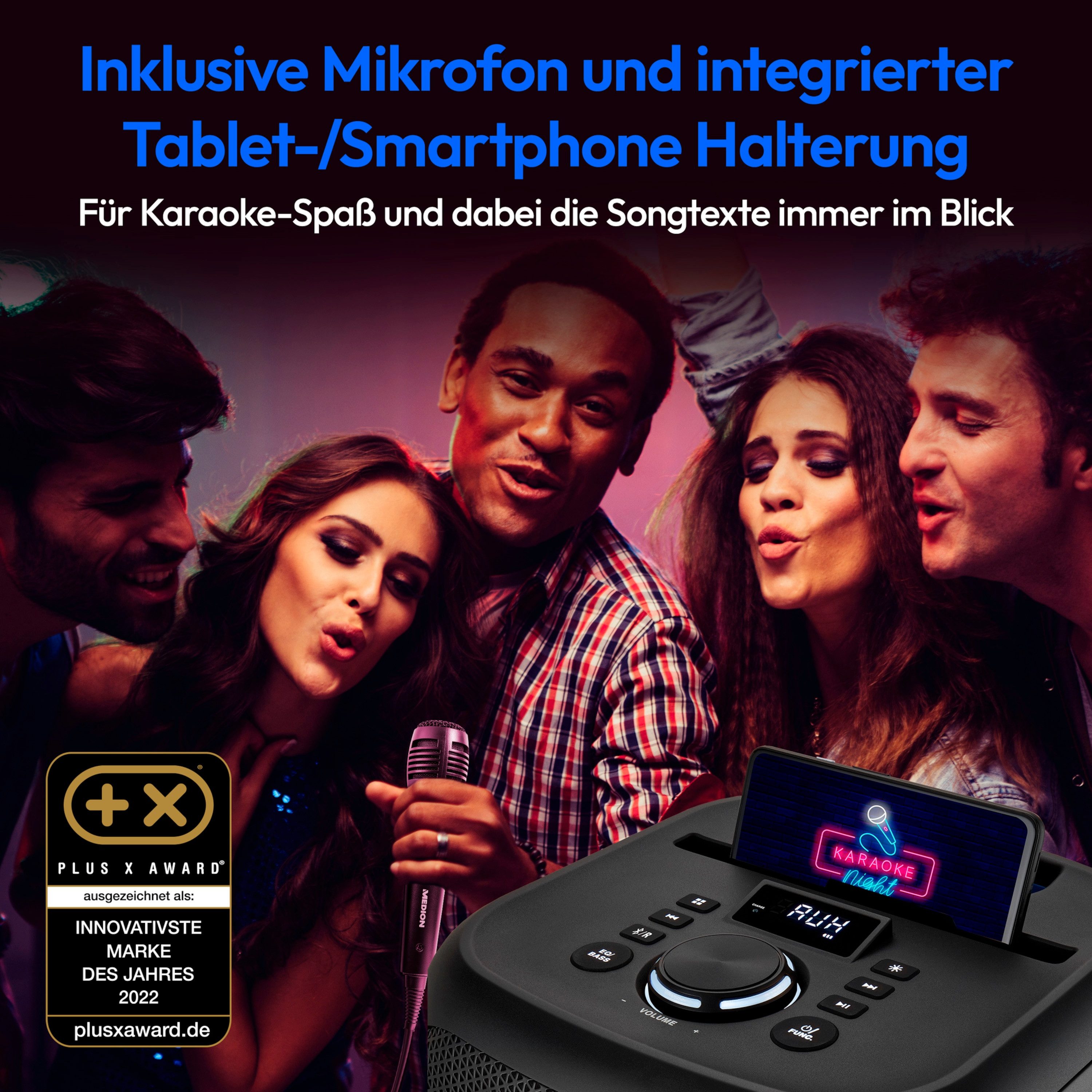 Medion® S61991 (MD43991) Lautsprecher (A2DP Bluetooth, AVRCP Bluetooth, Bluetooth,HFP, 50 W, Lichteffekte, Karaoke, Akku, spritzwassergeschützt (IPX4)