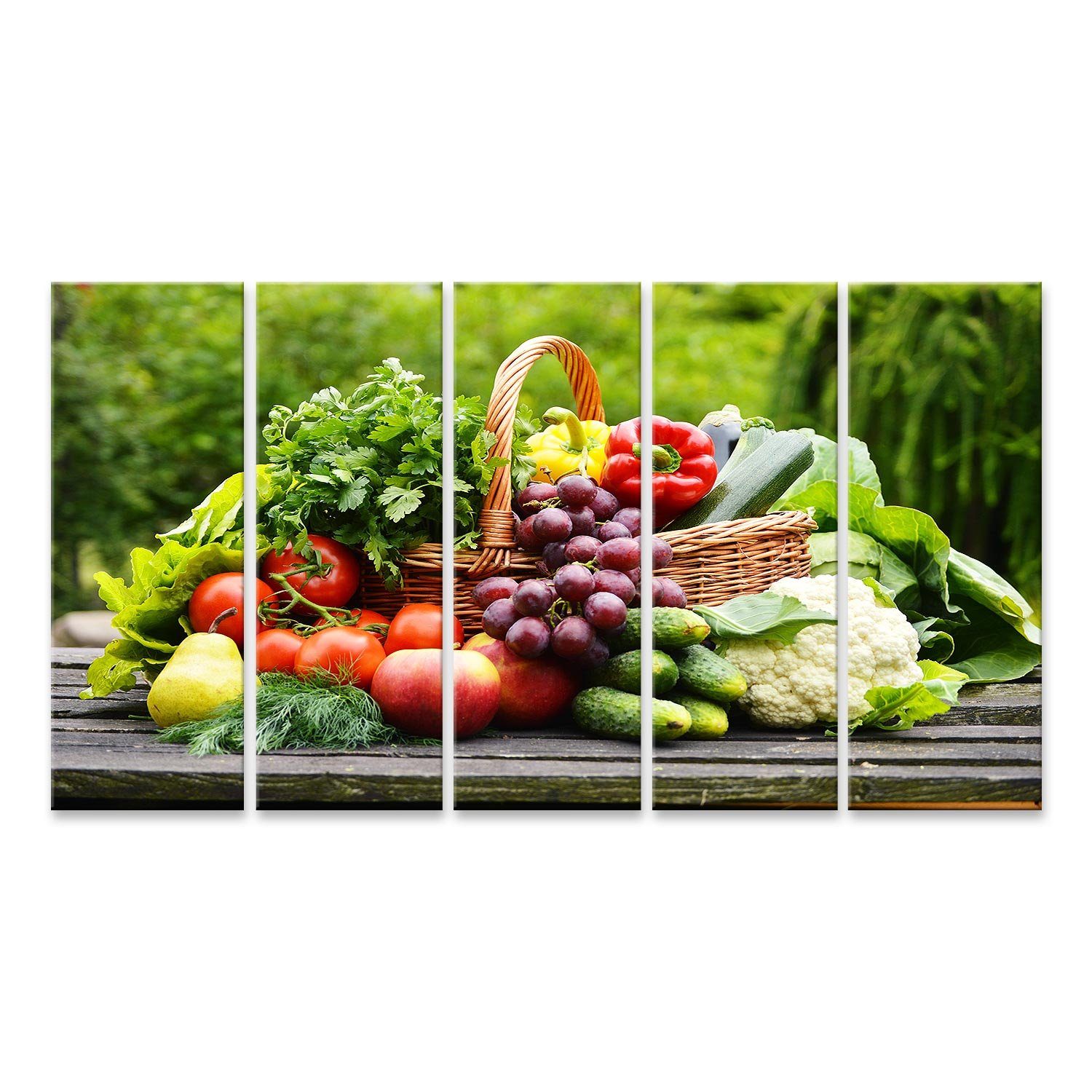 islandburner Leinwandbild Bild auf Leinwand Frisches Bio-Gemüse Im Weidenkorb Im Garten Küchenbi