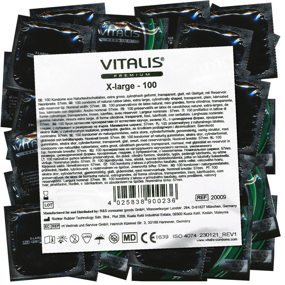 VITALIS XXL-Kondome PREMIUM X-Large (extra lange Kondome) große Packung mit, 100 St., Kondome mit etwas mehr Umfang, passend für den großen Penis, zuverlässig, sicher und angenehm im Gebrauch