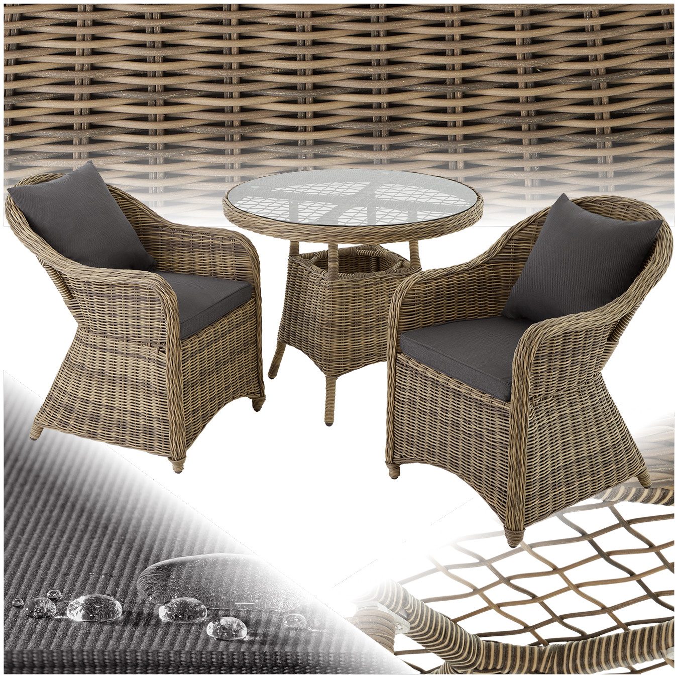 tectake Sitzgruppe Aluminium Rattan Gartenlounge für 2 Personen, Stühle vormontiert, (Loungeset Zürich, 3-tlg., für Außen in Naturfarben), wetterfest und UV-beständig, hochwertig, mit Sicherheitsglasplatte