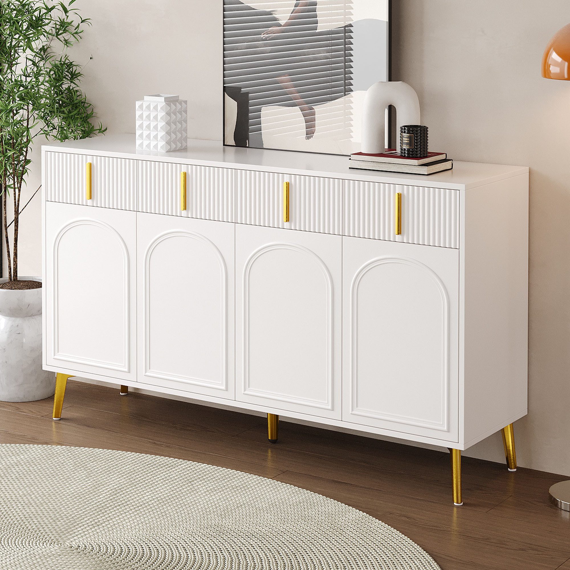 Merax Sideboard mit 4 Türen und 4 Schubladen (mit verstellbaren Einlegeböden und goldenen Beinen, H82/B140/ T37.8 cm), Kommode Anrichte Mehrzweckschrank für Wohnzimmer und Schlafzimmer