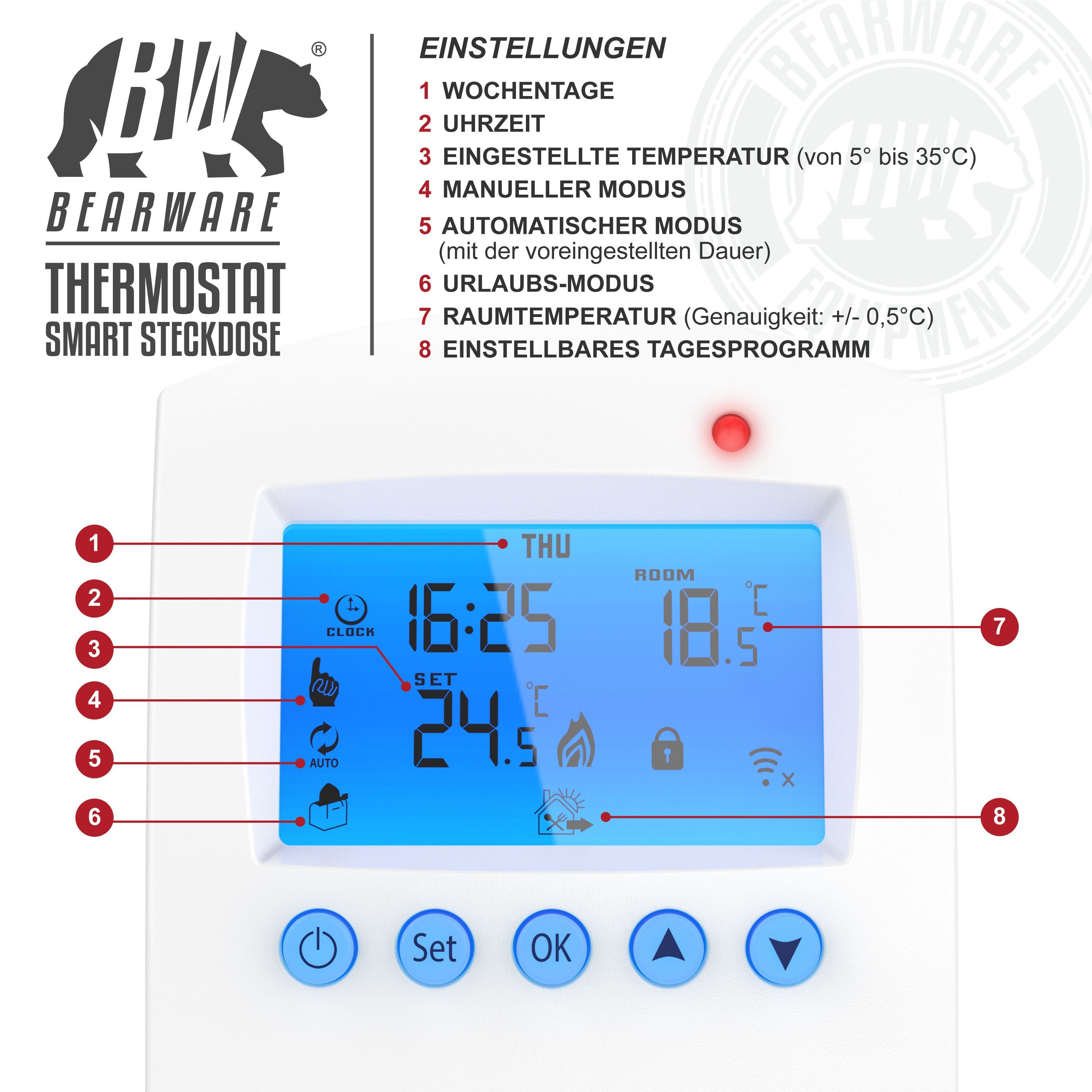 BEARWARE Steckdosen-Thermostat WLAN Steckdosenthermostat, WiFi Smart Life, für Heizgeräte, 5°-35°, max. 3680 W, 1-St., TUYA App-Steuerung, Timer, für Infrarothe – Bild 4 von 5