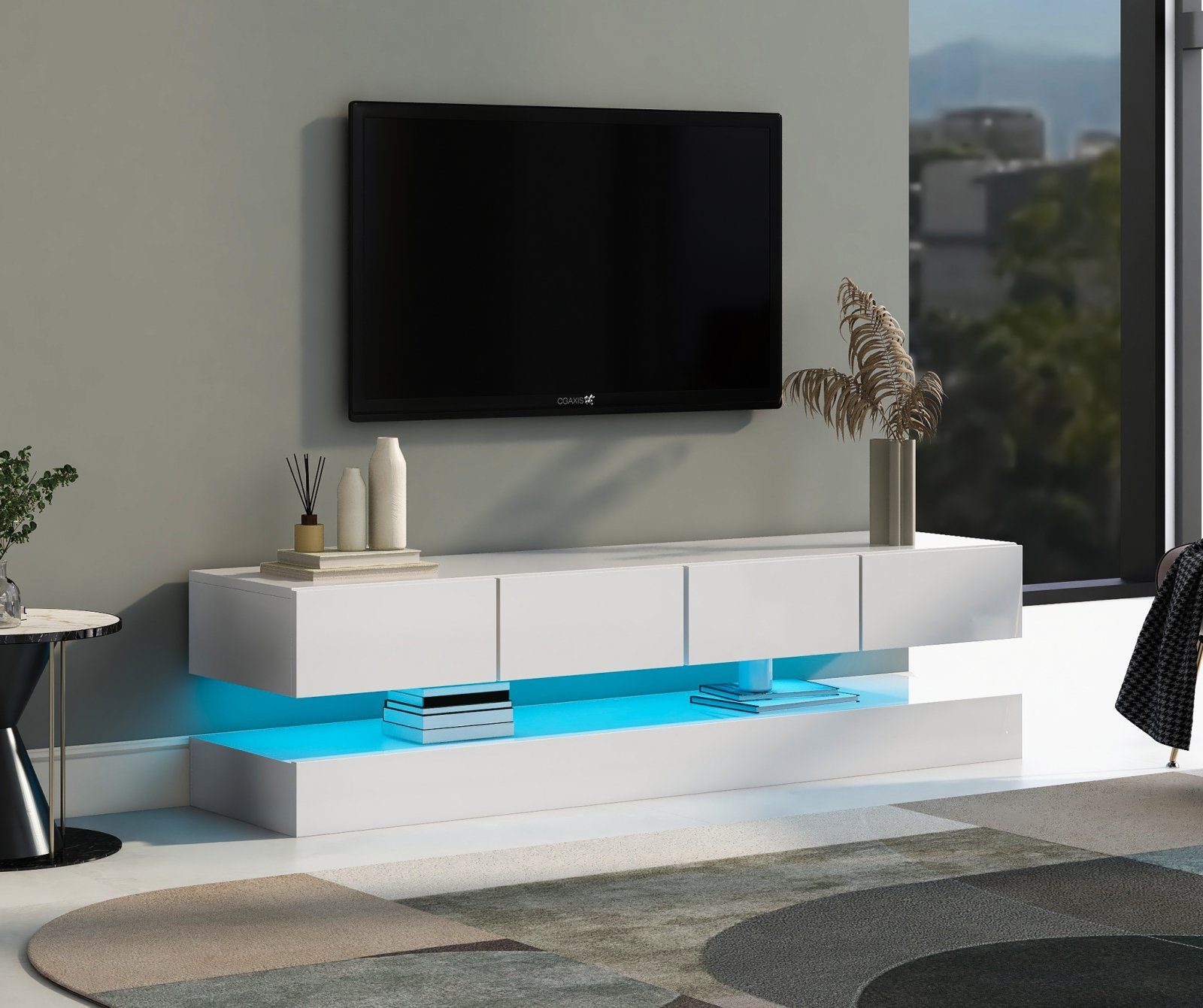 SEEZSSA TV-Schrank Wandmontierter TV Lowboard mit 4 Schubladen 16-farbige  LED-Beleuchtung offenen Regalen, TV-Board für Ihr Wohnzimmer, 130 cm