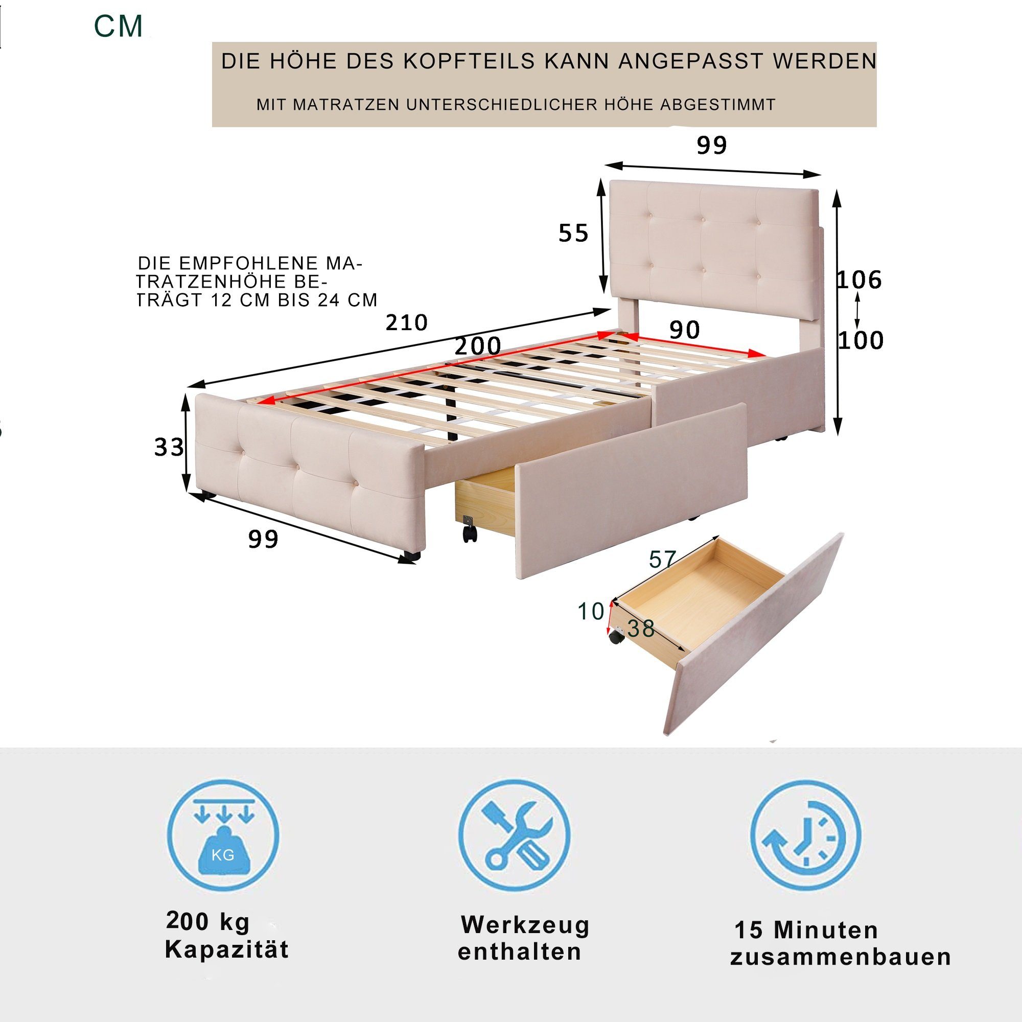 und zwei ohne Schubladen, hautfreundlicher Rückenlehne Lattenrost, Jugendbett Kinderbett 90 Bett (mit 200 Einzelbett OKWISH x Gästebett Matratze Samtstoff Dunkelbeige cm),