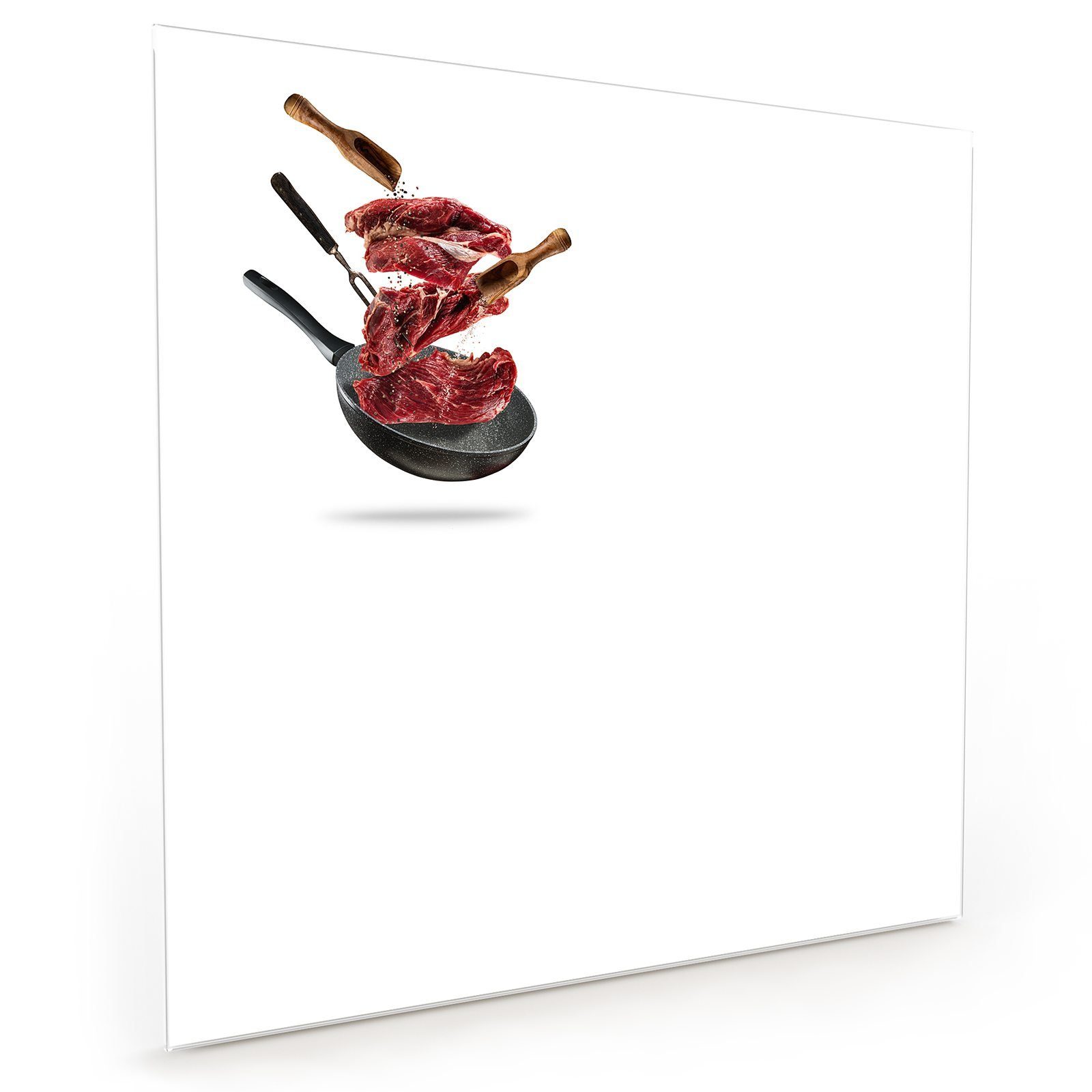 Primedeco Küchenrückwand auf Glas Motiv Steak mit Küchenrückwand Spritzschutz Pfanne