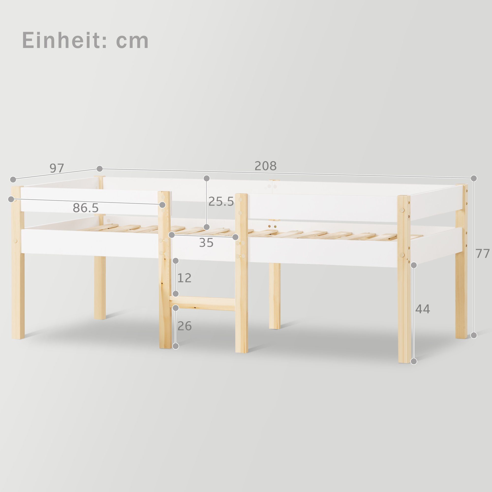Flieks Kinderbett, Massives Kiefernholzbett Hochbett mit Lattenrost 90*200cm