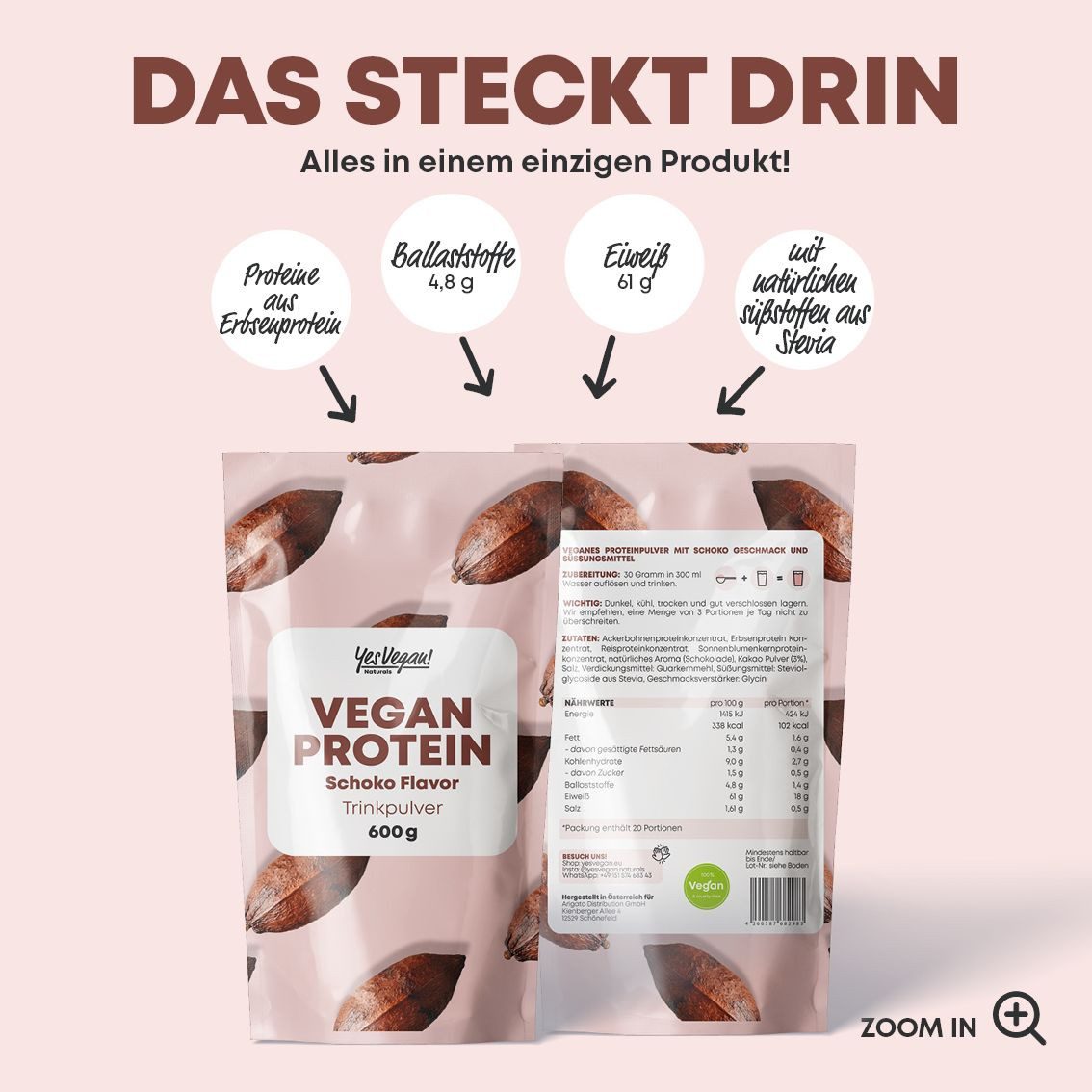 Yes Vegan Proteinpulver vegan Schokolade, 18 g Protein pro Portion, Whey Ersatz Pulver, 600 g, vegan, laktosefrei, glutenfrei