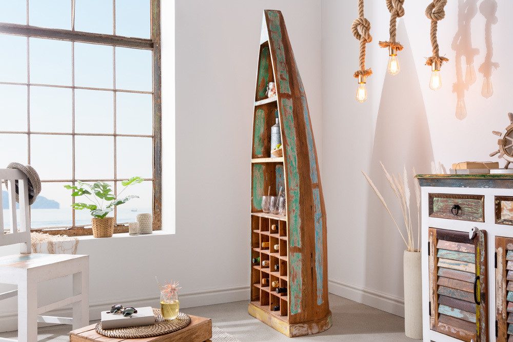 riess-ambiente Weinregal JAKARTA 190cm natur / braun / bunt, Einzelartikel 1-tlg., Wohnzimmer · Massivholz · Boot · stehend · für 20 Flaschen · Boho