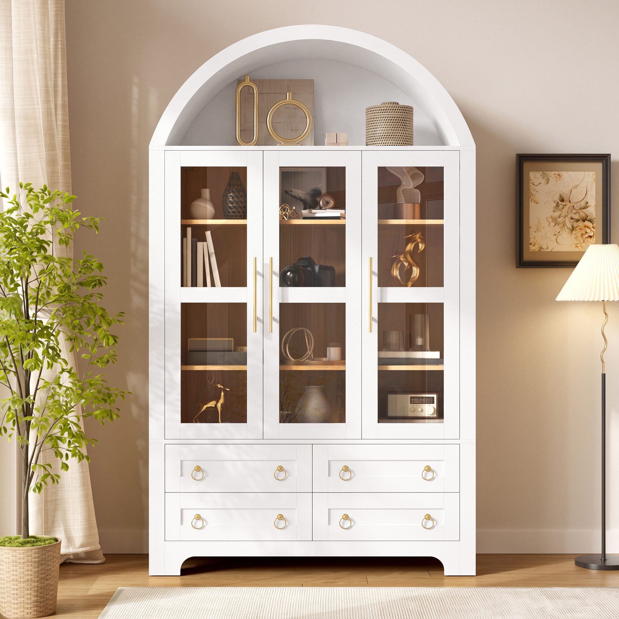 Merax Hochschrank Bogen-Mehrzweckschrank Glasvitrine mit Aluminiumgriffen (Anrichte Sideboard Aufbewahrungsschrank, 1-St., 110 L x 40 B x 185 H cm) Wohnzimmersc – Bild 3 von 5