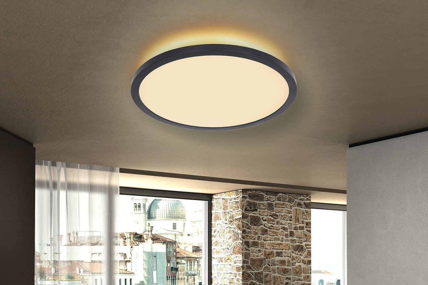 GLOBO LIGHTING LED Deckenleuchte SAPANA, Ø 29,4 cm, 1-flammig, Schwarz, Weiß, Dimmfunktion, Memoryfunktion, LED fest integriert, Extra-Warmweiß, Kunststoff, IP44 Spritzwassergeschützt