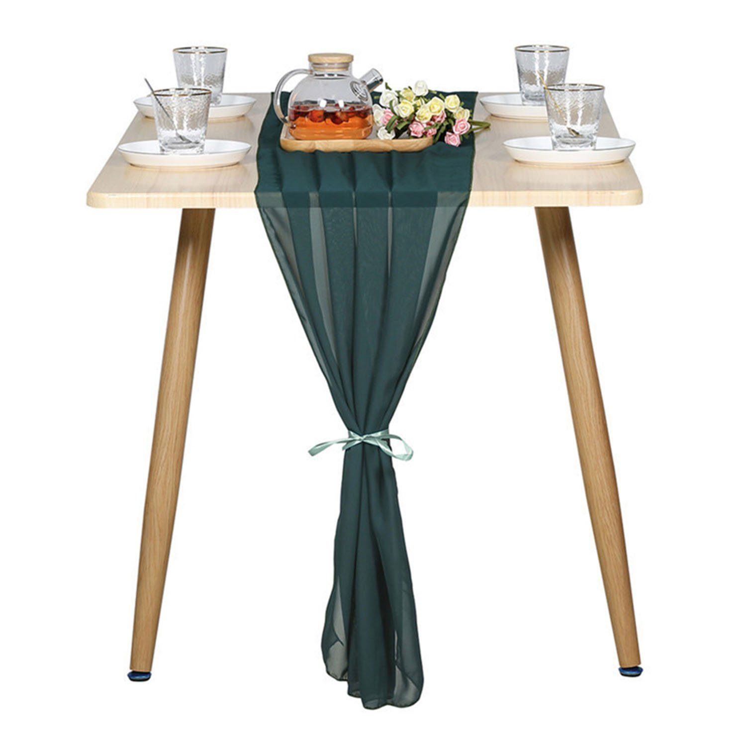 Tischläufer Abwaschbar Tischdeko, Modern 3m Dunkelgrün Romantischer Chiffon MAGICSHE