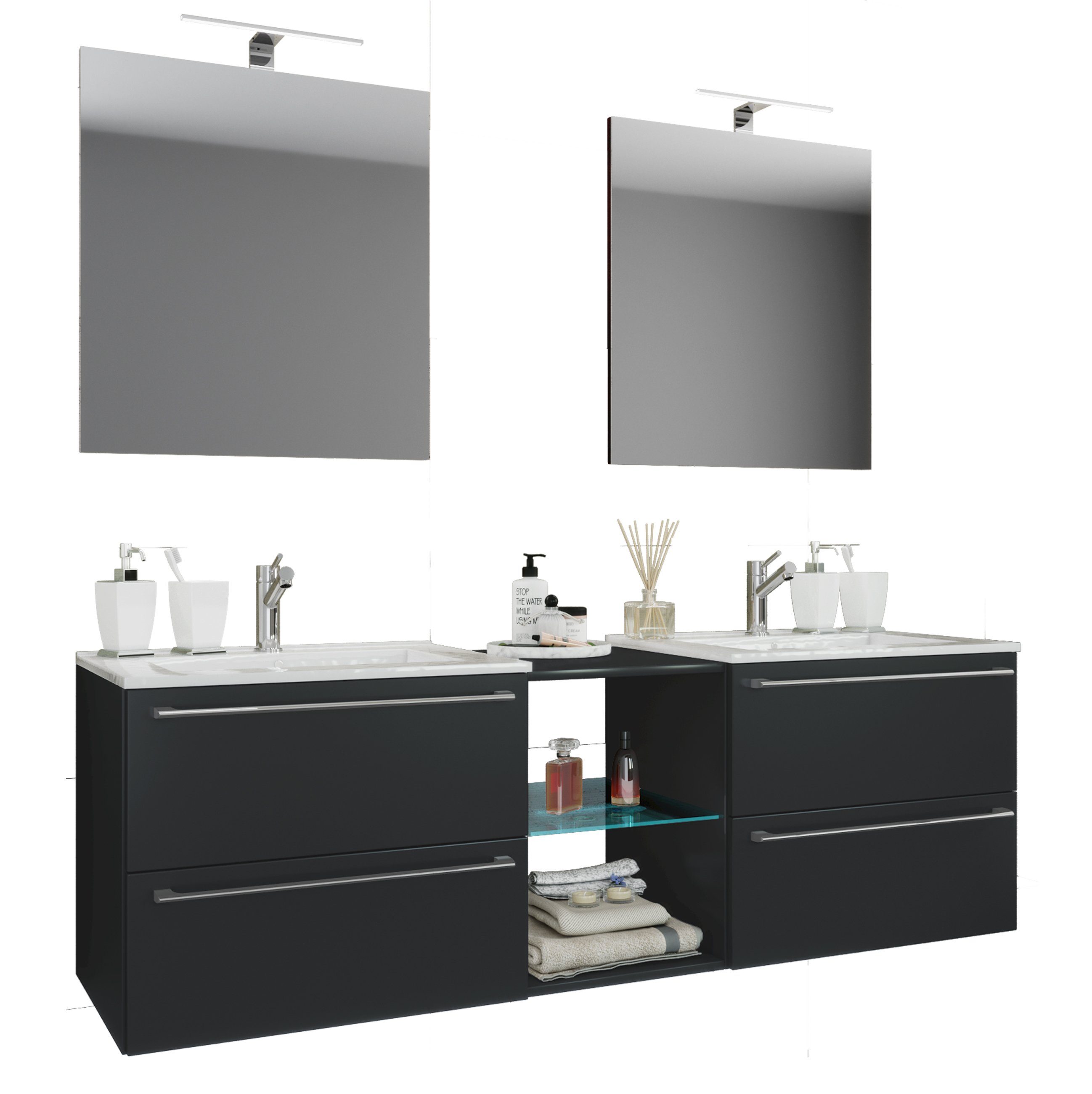 VCM Waschtisch Badinos XXL 91x157x46cm (Set, 7-St., 2x Unterschrank 2x Waschbecken 2x Spiegel 1x Regal)