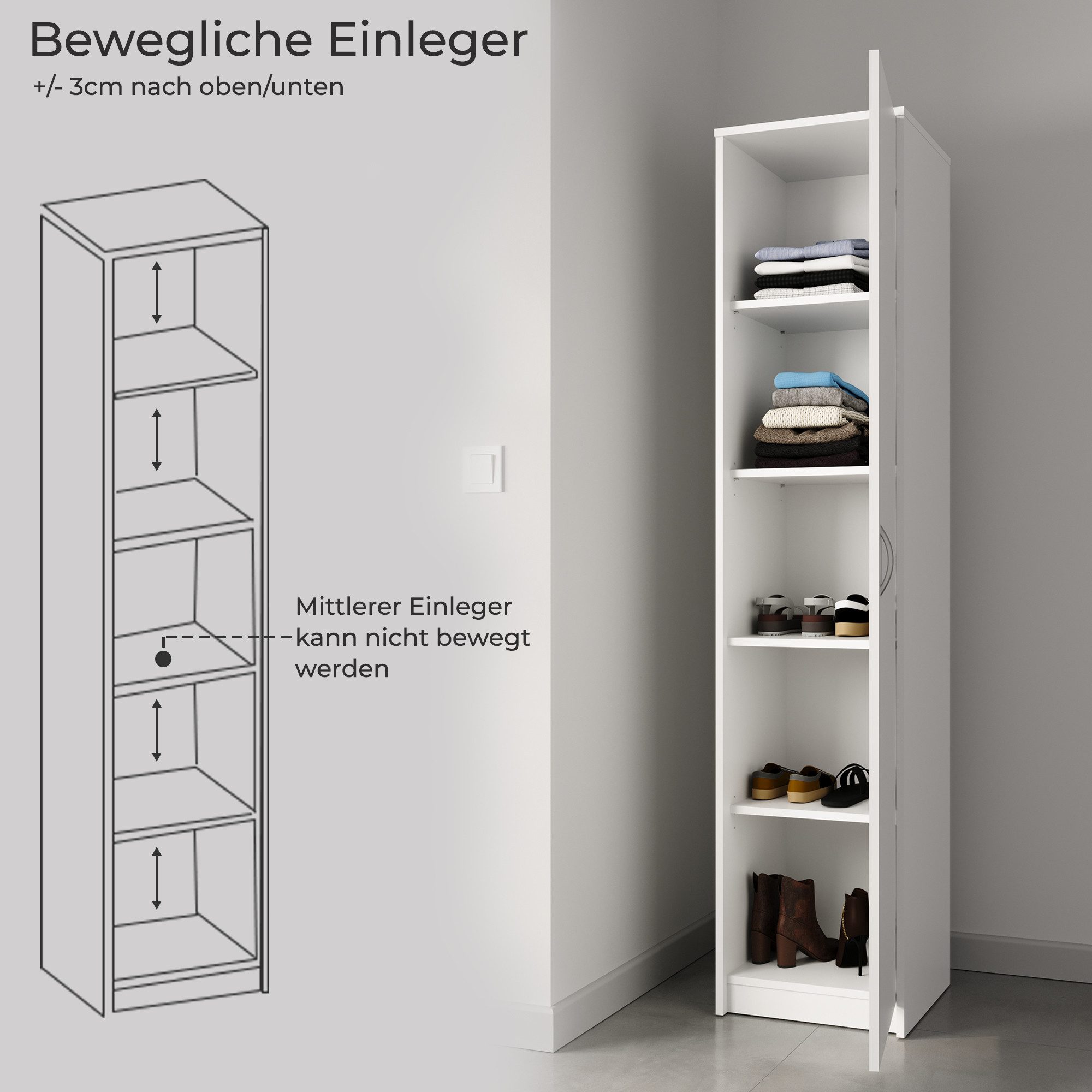 Home Collective Aktenschrank Bücherregal Kleiderschrank Regal 40cm breit 180cm hoch Schrank (Regal Wand schmal Holz für Schlafzimmer Flur Keller Büro) Mehrzweckschrank mit 4 verstellbaren Einlegeböden Aktenschrank weiß