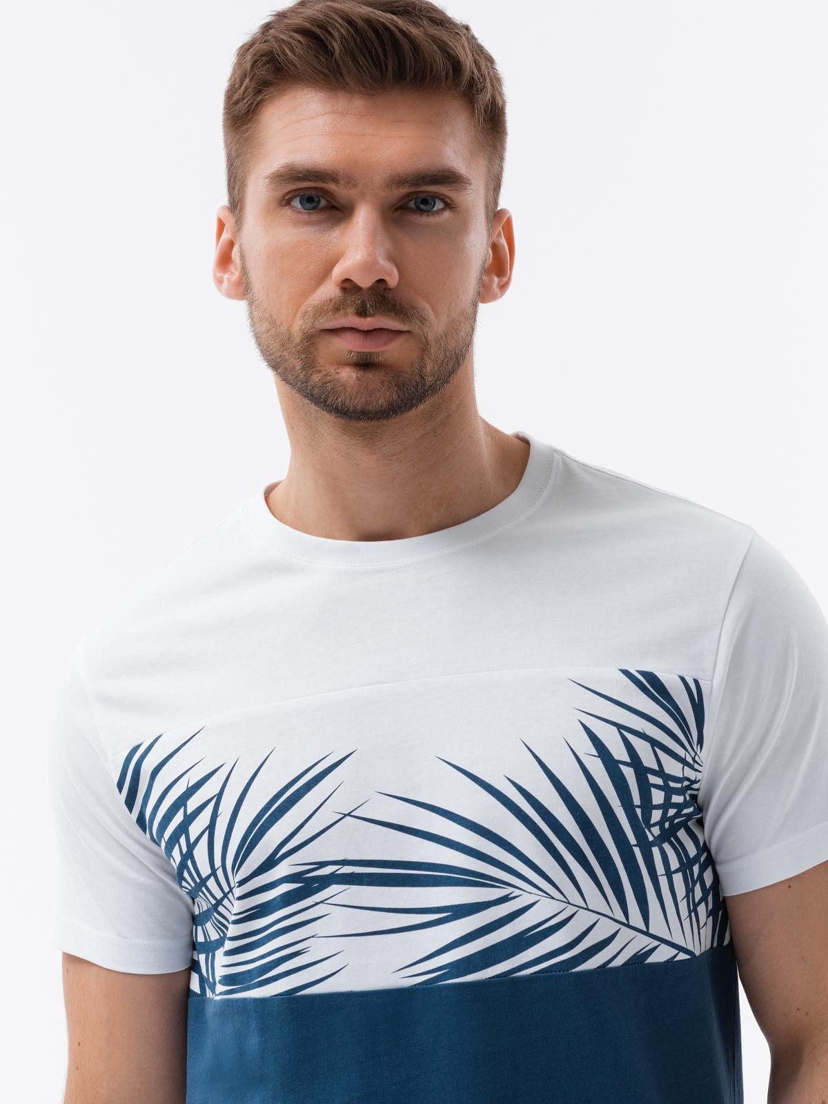 OMBRE T-Shirt Herren T-Shirt Palmblatt Casual Dark denim M (1-tlg) Palmblatt-Print