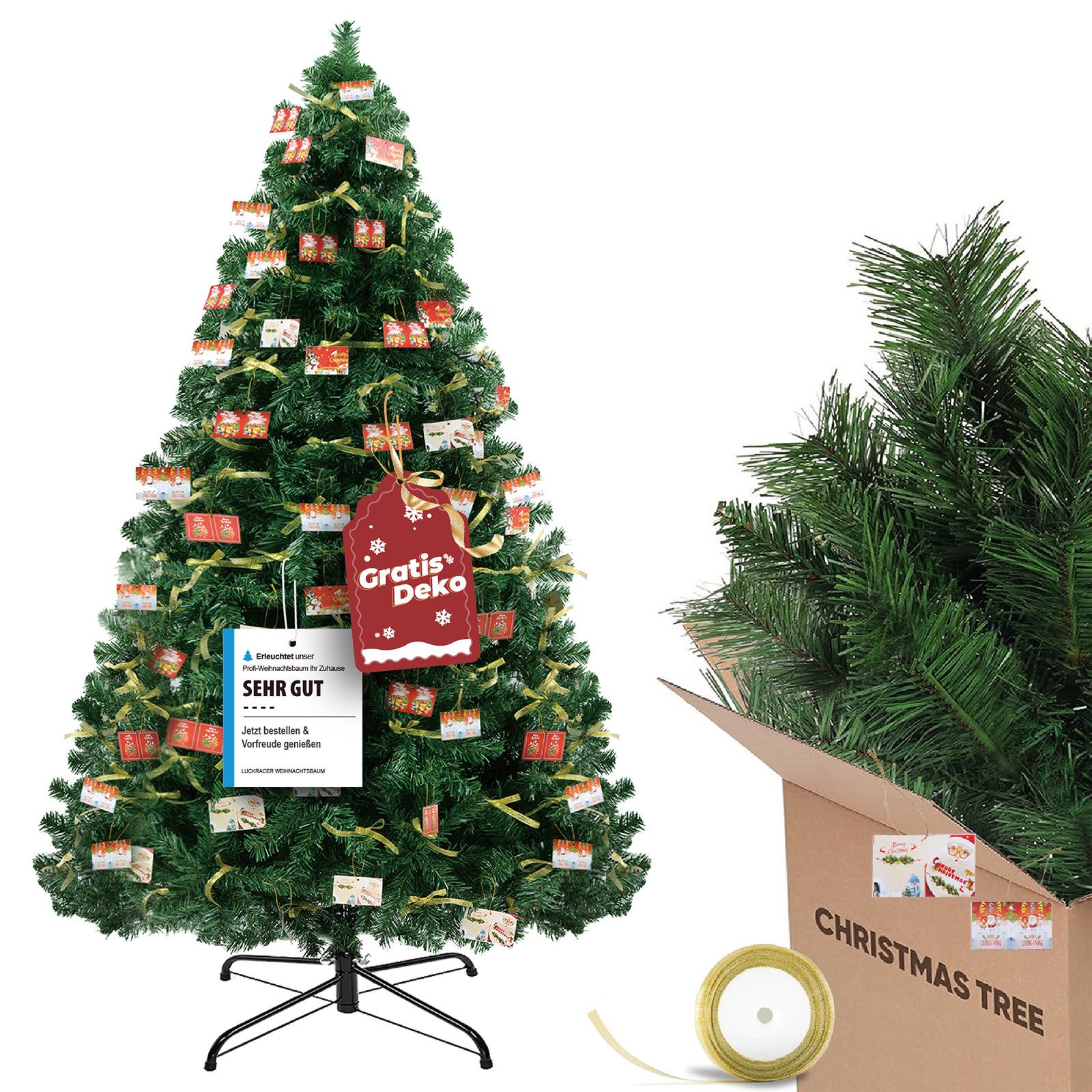 COMHOMA Künstlicher Weihnachtsbaum Weihnachtsdeko 195cm PVC Material mit 1000+ Spitzen Thickened Branches, mit dekorativen Schleifen & Grußkarten, stabiler Metallständer