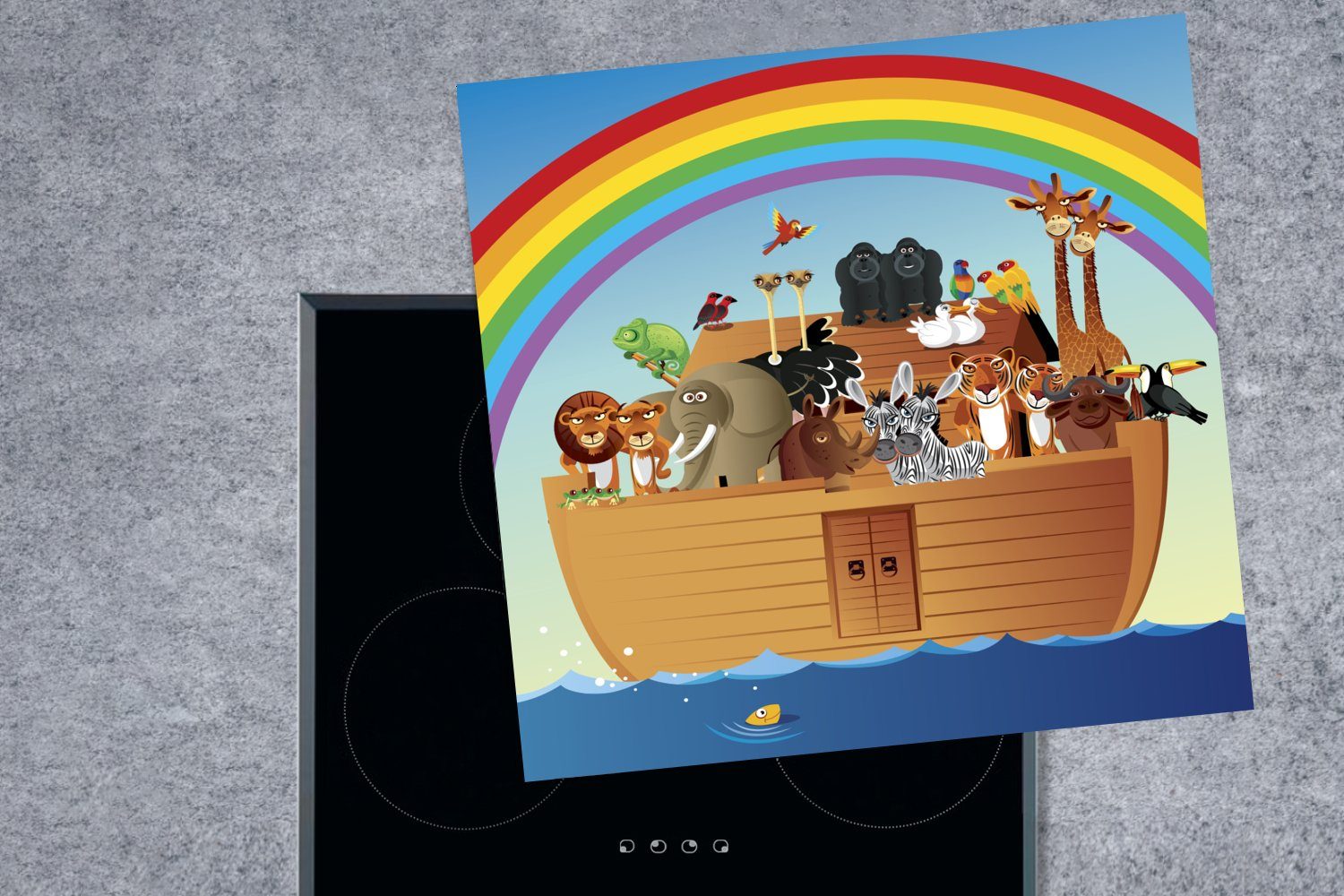 von Illustration tlg), Arbeitsplatte dem MuchoWow für Noahs Ceranfeldabdeckung, 78x78 cm, Arche Regenbogen, (1 küche Eine unter Vinyl, Herdblende-/Abdeckplatte