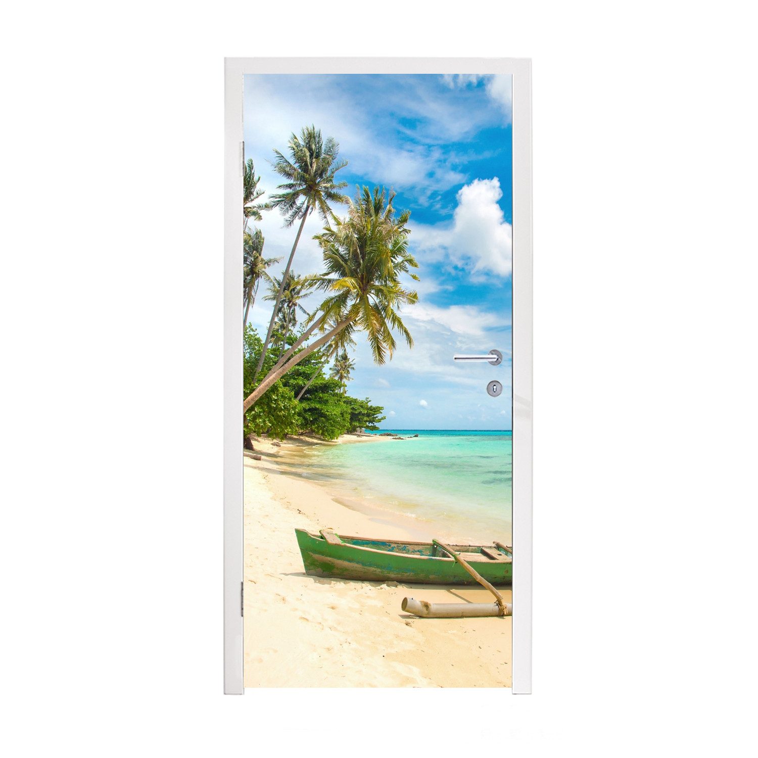 MuchoWow Türtapete Strand - Kanu - Palme - Tropisch, Matt, bedruckt, (1 St), Selbstklebende Tapete, Folie für Möbel, 75x205 cm