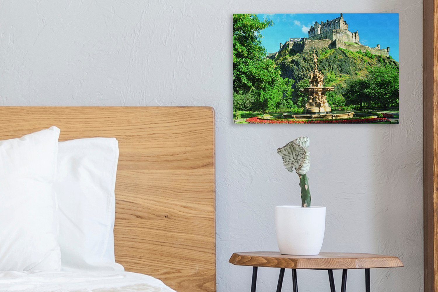 Aufhängefertig, und von (1 Leinwandbilder, Wanddeko, Schottland, in cm St), Burg Brunnen OneMillionCanvasses® Leinwandbild Edinburgh 30x20 Wandbild