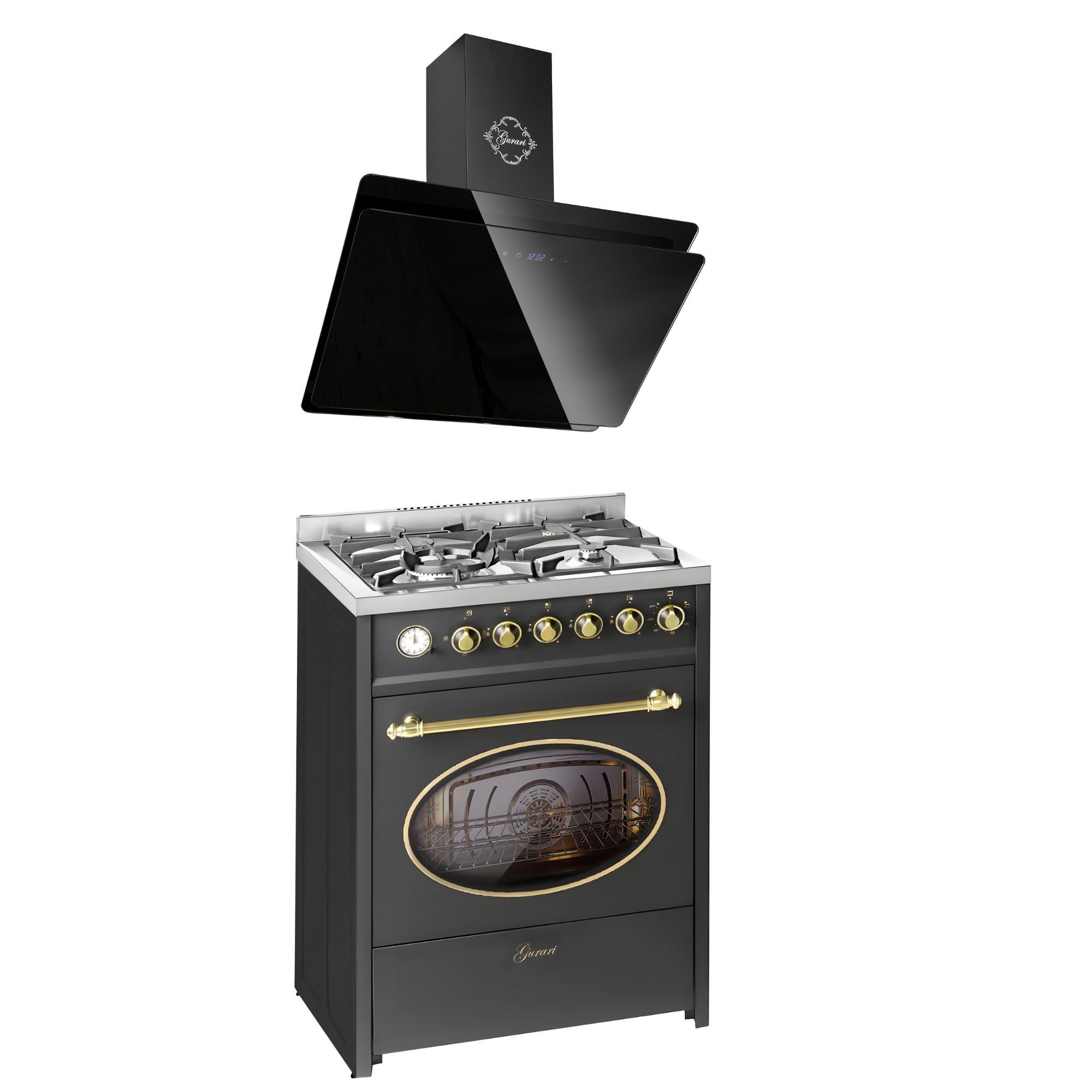 GURARI Gas-Standherd Retro Gas Elektro Standherd 60 cm Erdgas Fl.Gas 4 Kw WOK, 8 Funktionen+Dunstabzugshaube,60 cm, 1000 m³/h E 614 BL r+GCH S 411 60 BL PRIME N, mit 1-fach-Teleskopauszug