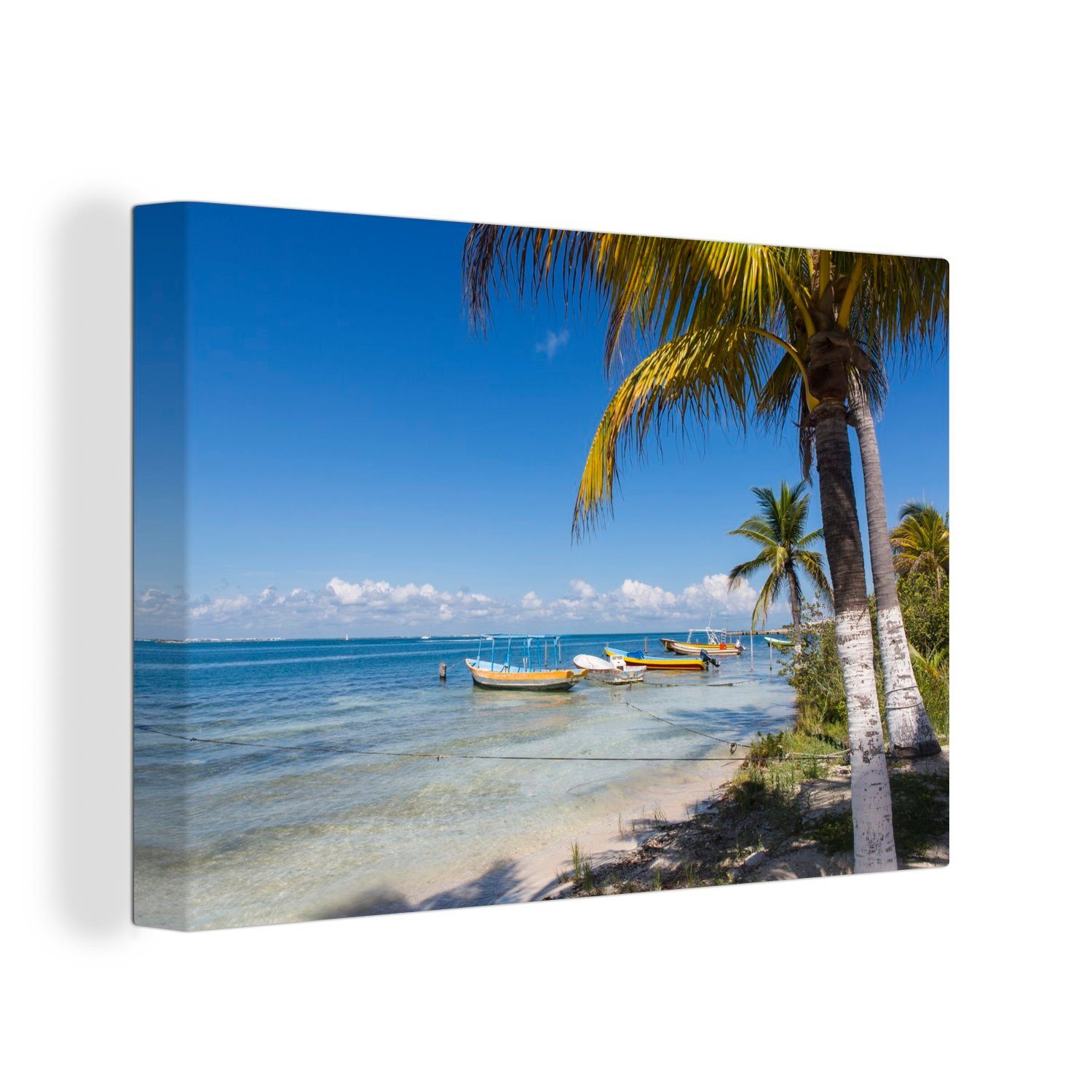 OneMillionCanvasses® Leinwandbild Der Strand der nordamerikanischen Isla Mujeres mit Booten, (1 St), Wandbild Leinwandbilder, Aufhängefertig, Wanddeko, 30x20 cm