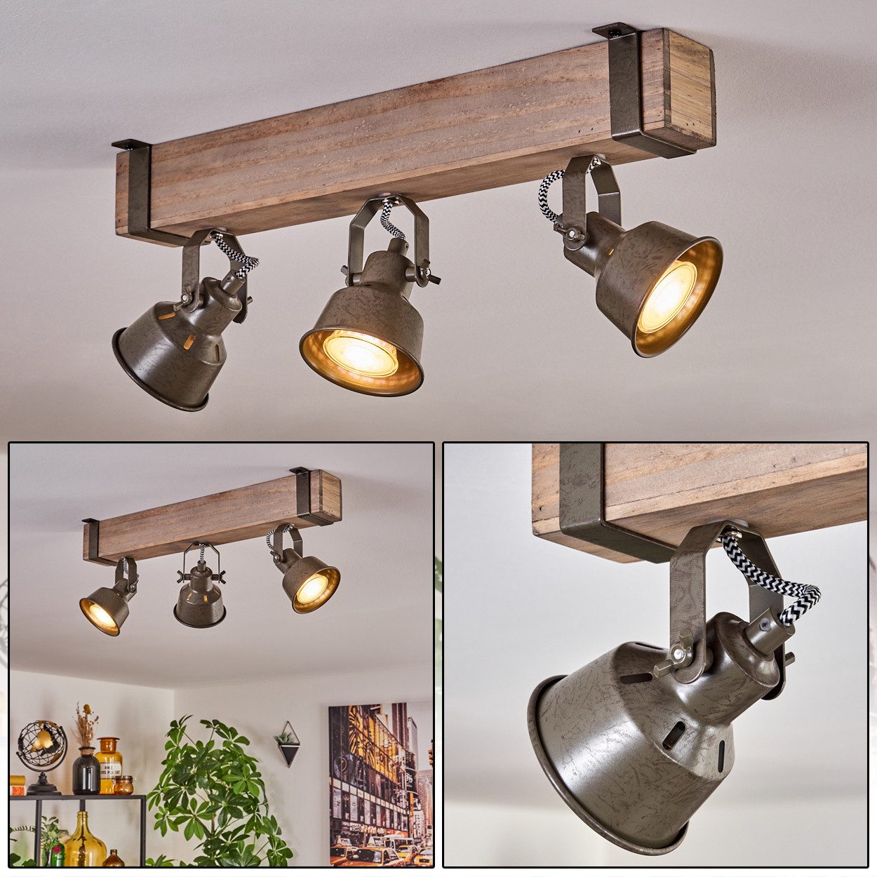hofstein Deckenleuchte moderne Deckenlampe aus Metall/Holz in Grün-Grau/Nat günstig online kaufen