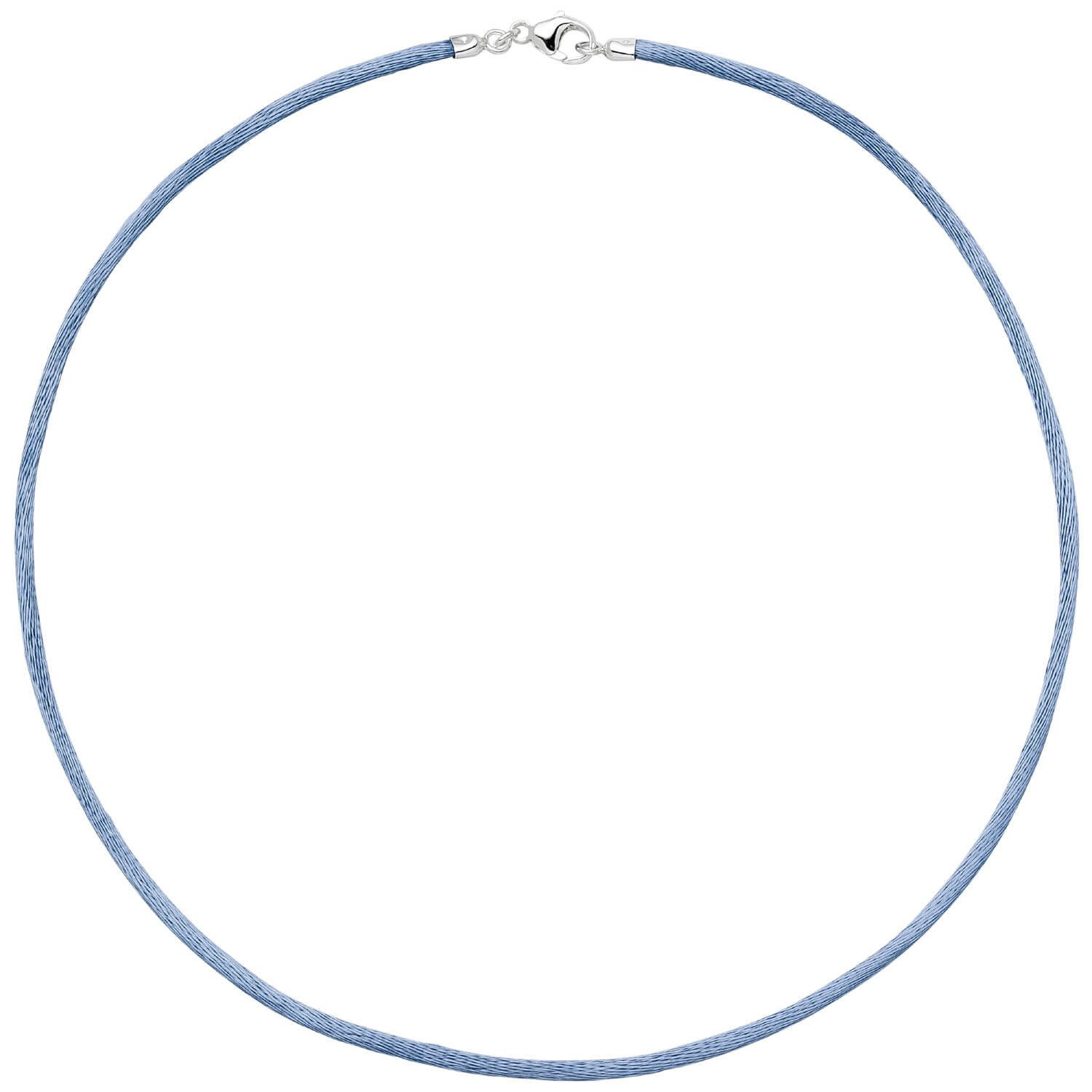 Silberkette 2,8mm Seidenband hellblau, Karabiner 925, 42cm
