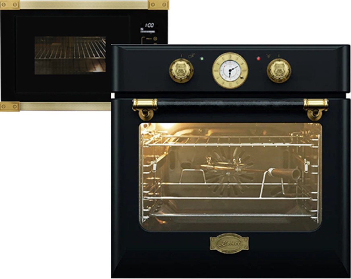 Kaiser Küchengeräte Backofen-Set Retro Einbau Backofen Elektro, Autark, 68 L, Drehspieß, 10 Funktionen mit Retro MIkrowell,Anthrazitfarbiges Glas, 60cm, Grill und Heißluft, 25 l EH 6432 BE+EM 2545 AD, mit 1-fach-Teleskopauszug