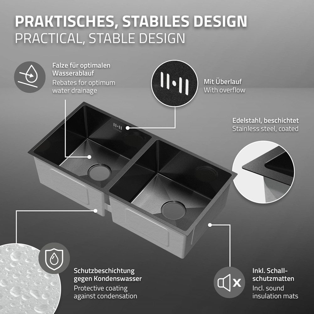 ML-DESIGN Küchenspüle Doppelspülbecken aus Edelstahl mit Ablaufgarnitur Waschbecken Küche, 81.5/40 cm, Doppelbecken Anthrazit rechteckig Einbauspüle Unterbauspüle mit Siphon