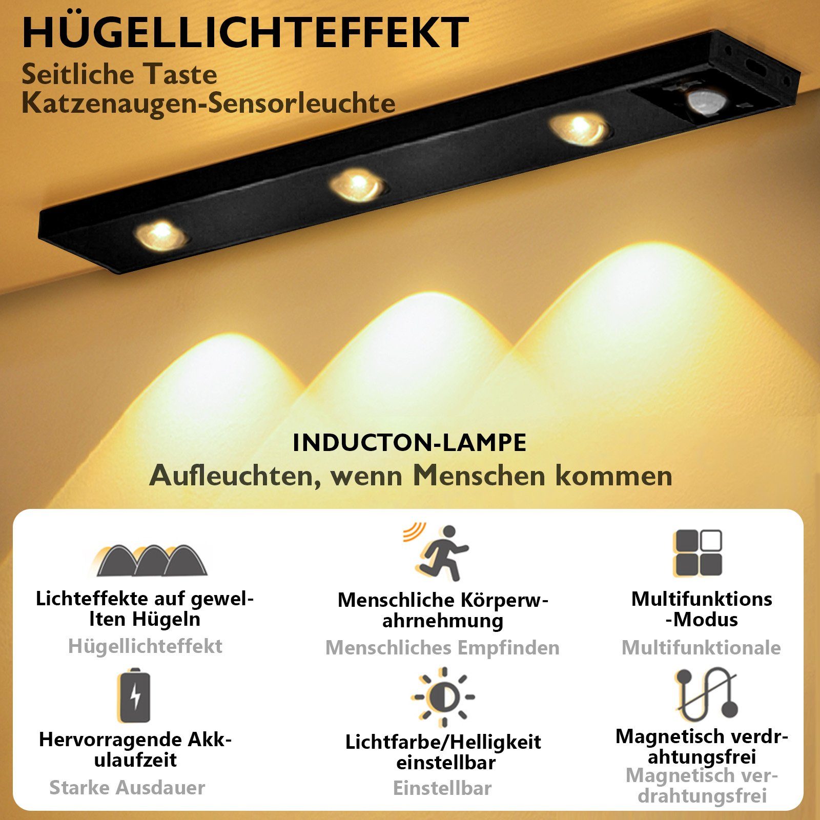 für Rosnek dimmbar, Warmweiß, Garderobe 3000K Lichtleiste 3 Küche Lichtfarben, 4500K Wiederaufladbar, Schlafzimmer Bewegungssensor, magnetisch, LED Kaltweiß, Deko Schrank Treppe, 6500K Naturweiß,